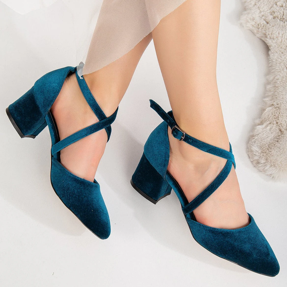 Dolly - Teal Blue Velvet Heels - Image 5