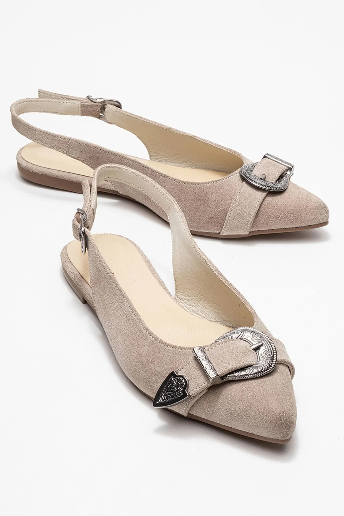 Dorothy - Beige Suede Genuine Leather Buckle Pointed Toe Sandal (Women)