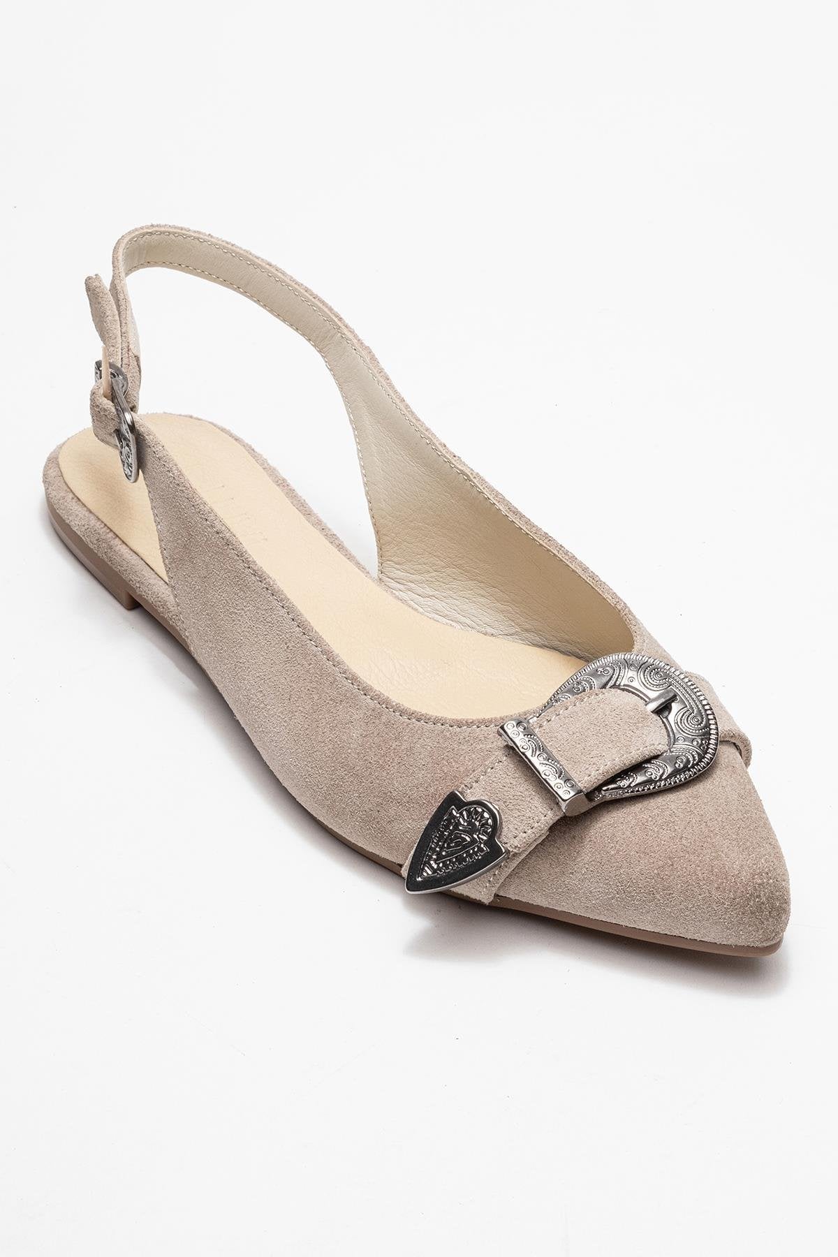 Dorothy - Beige Suede Genuine Leather Buckle Pointed Toe Sandal (Women) - Image 3