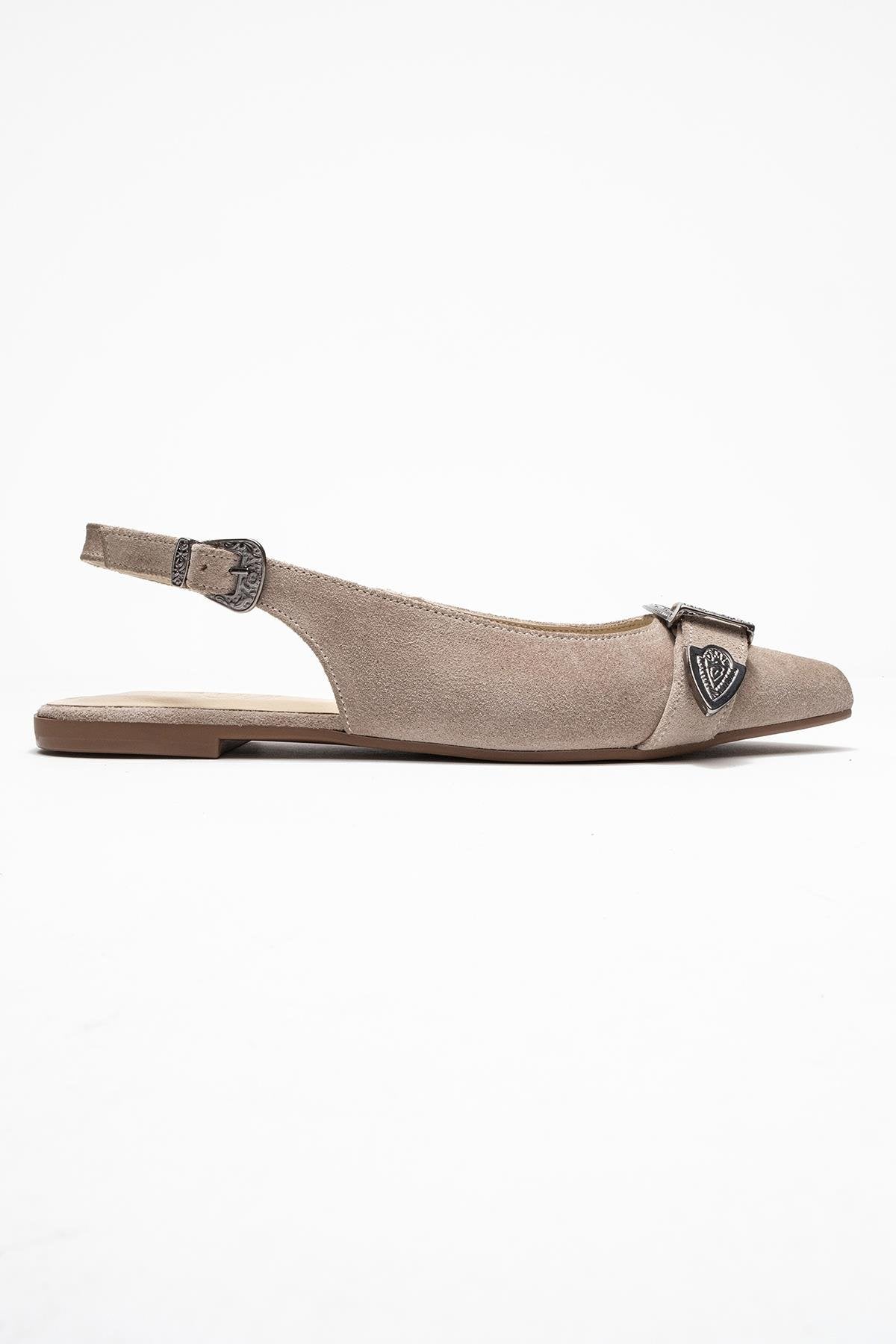 Dorothy - Beige Suede Genuine Leather Buckle Pointed Toe Sandal (Women) - Image 6