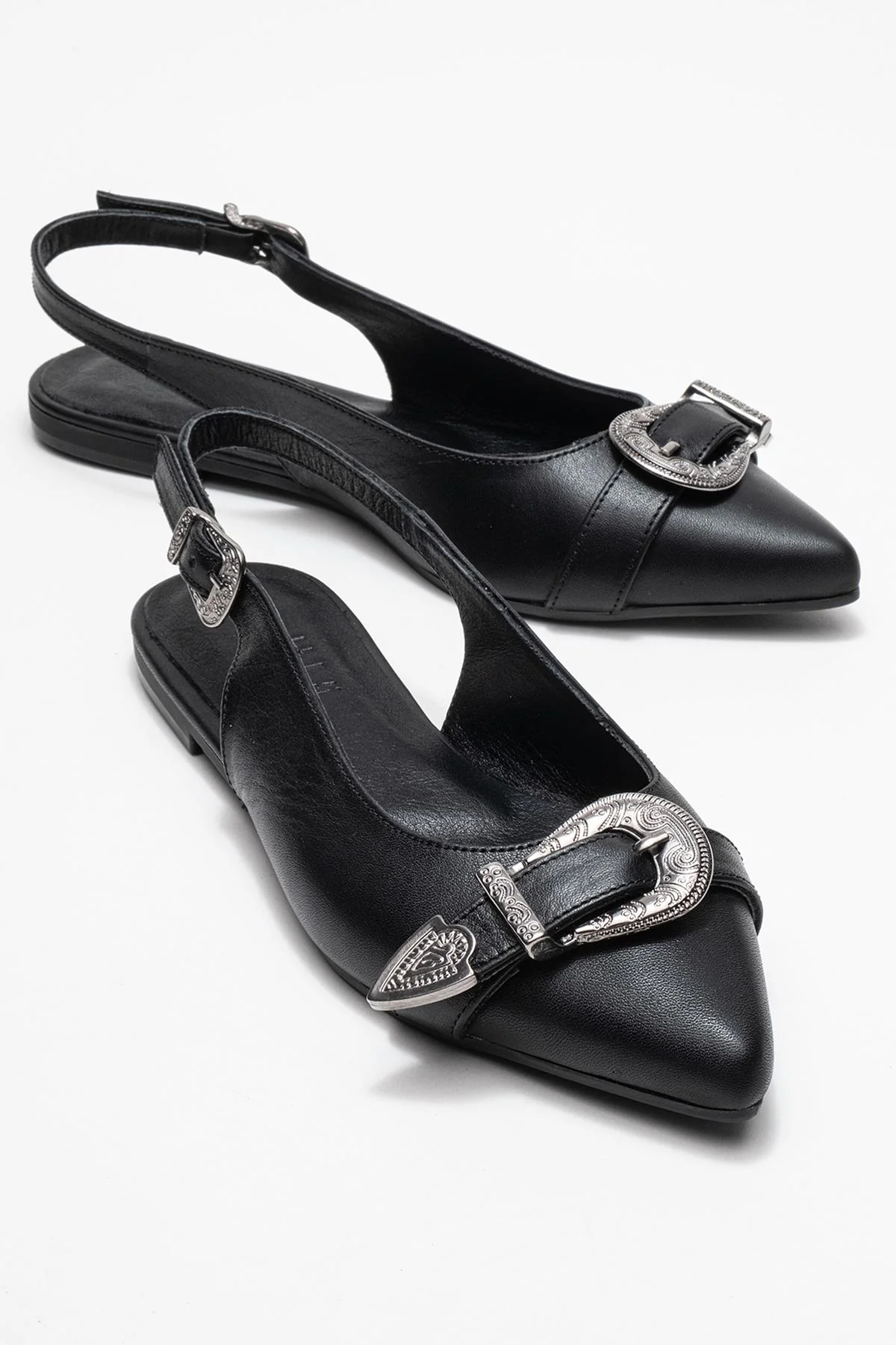 Dorothy - Black Genuine Leather Buckle Pointed Toe Sandal (Women)