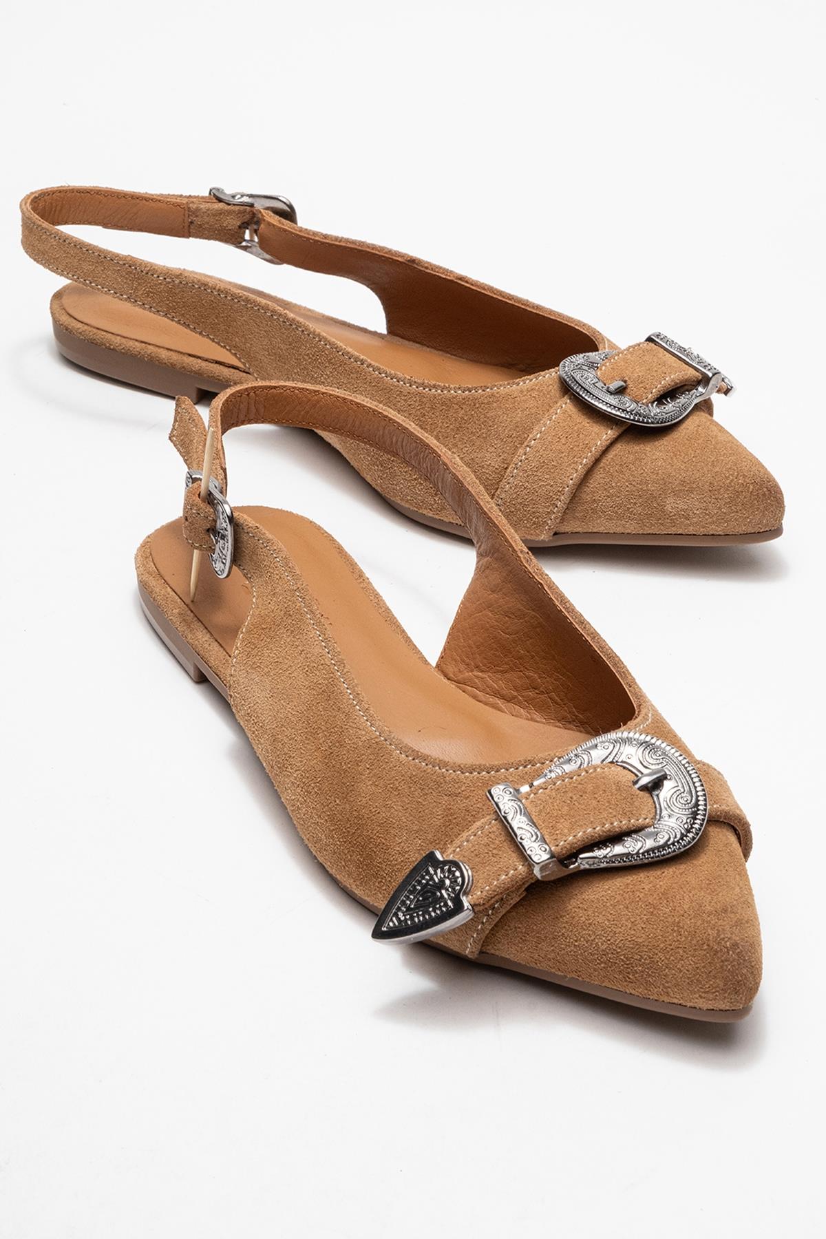 Dorothy - Taupe Suede Genuine Leather Buckle Pointed Toe Sandal (Women)