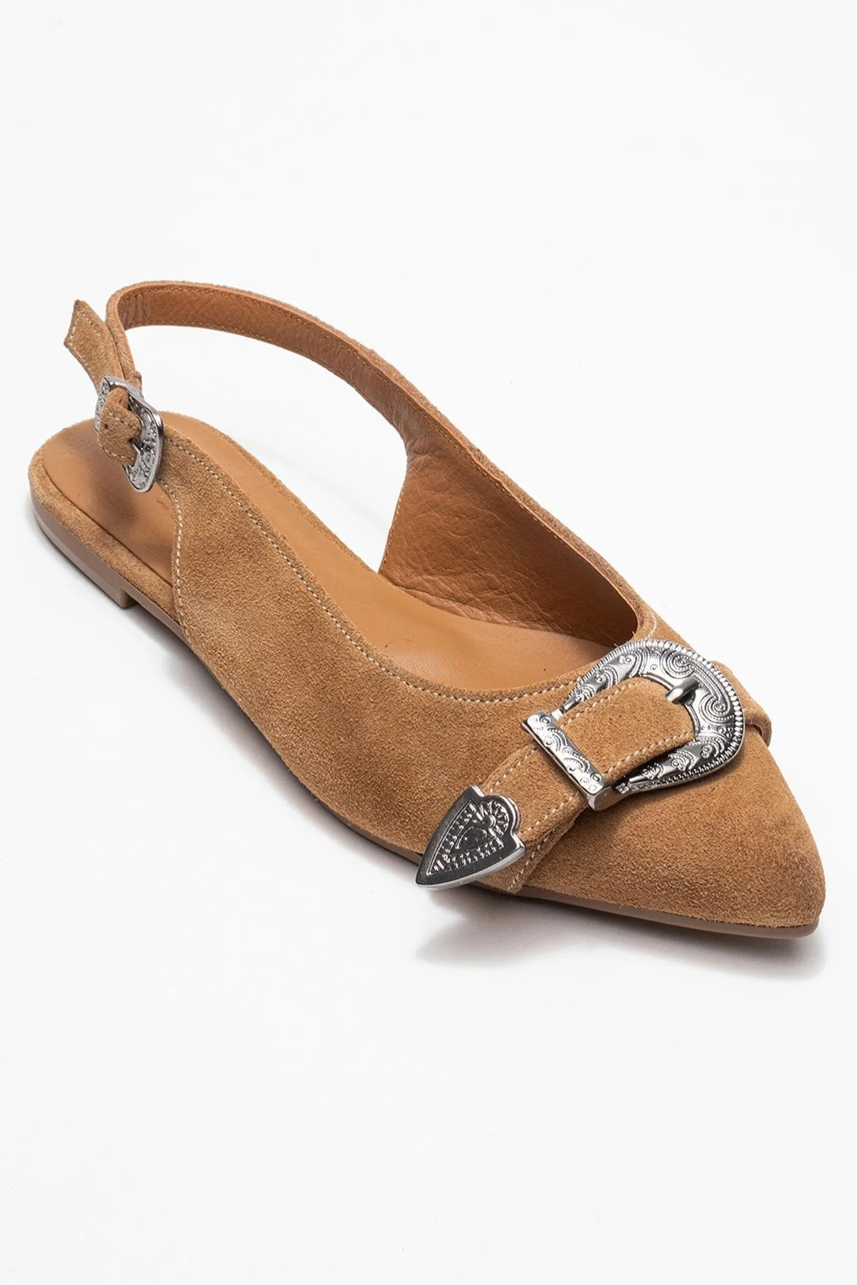 Dorothy - Taupe Suede Genuine Leather Buckle Pointed Toe Sandal (Women) - Image 3