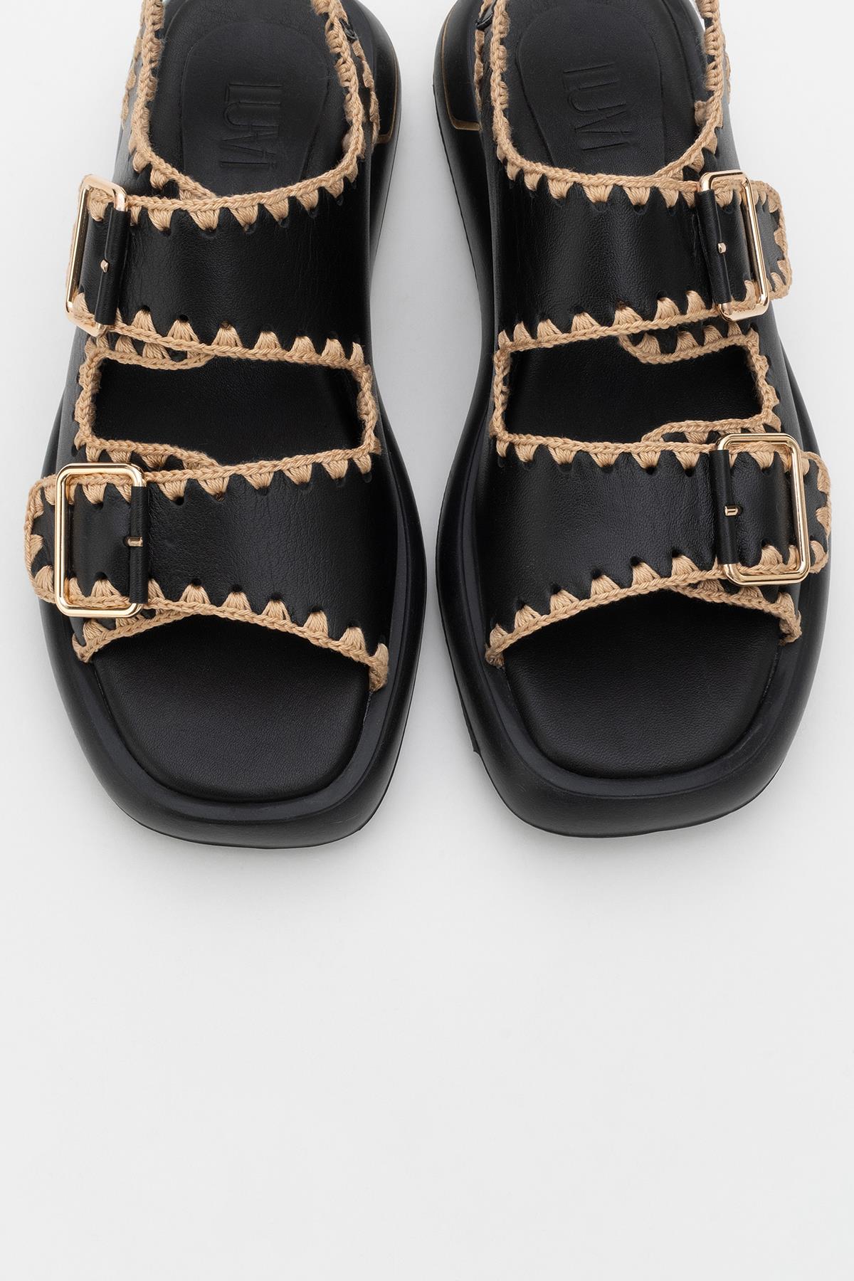 Douro - Black Braided Rope Strap Leather Sandal (Women) - Image 2