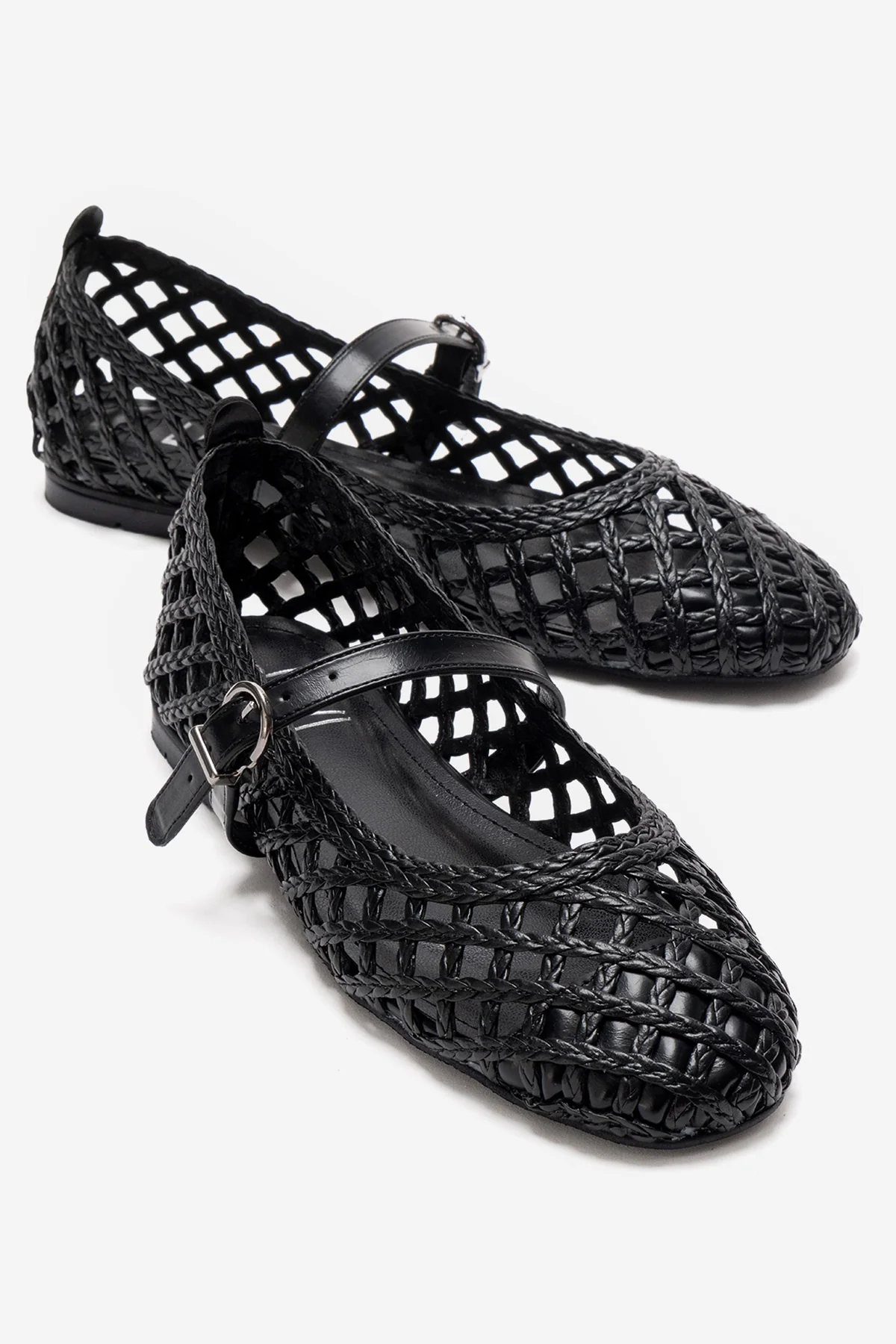 DOUX - Black Genuine Leather Braided Textured Band Ballet Flat (Women)