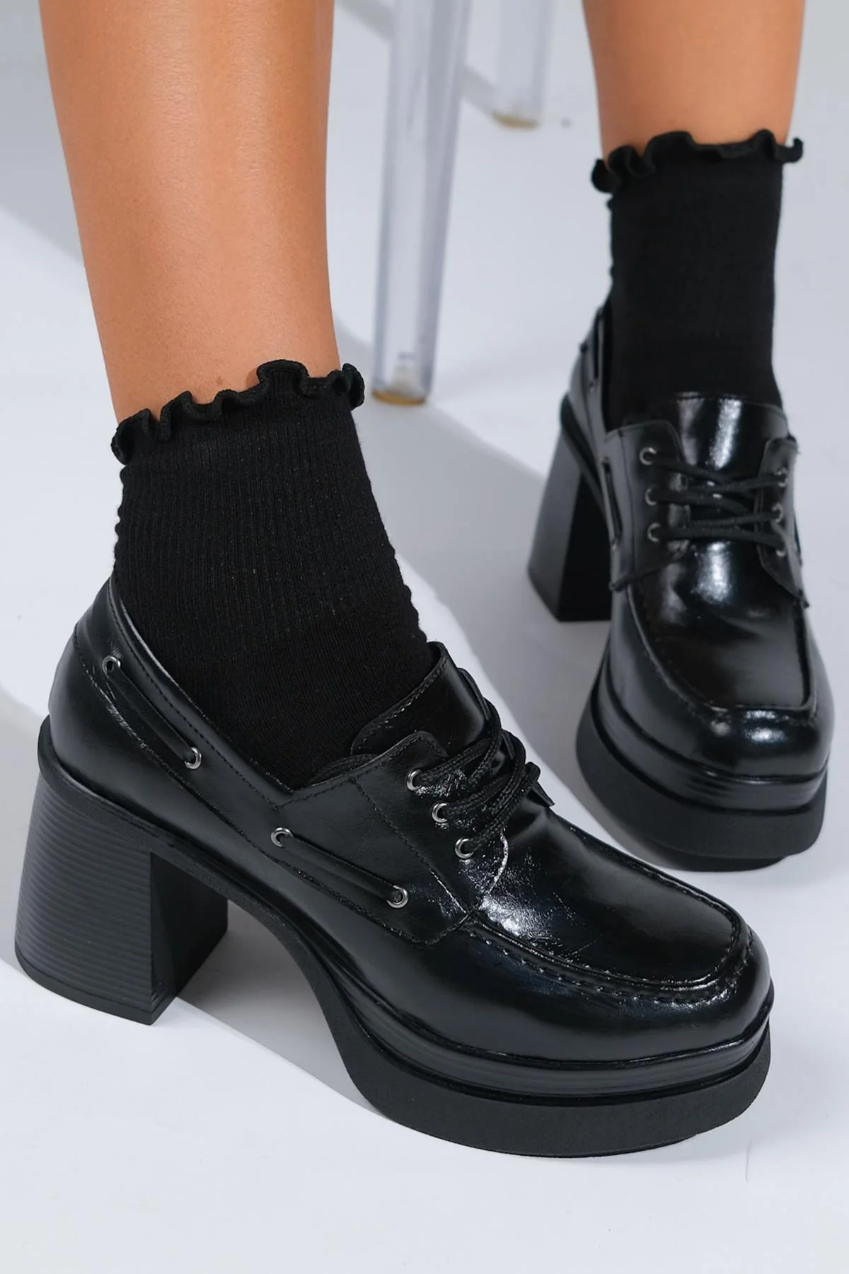 Dudley - Black Lace-Up Platform Heel Shoe (Women) - Image 5