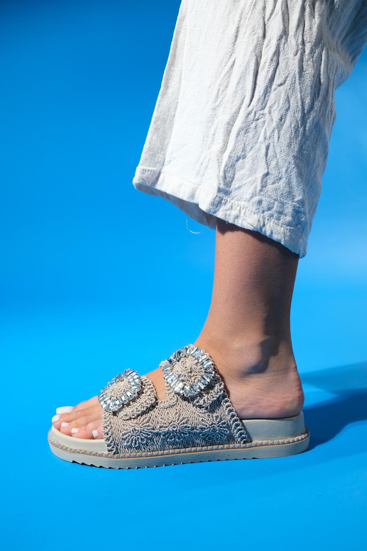 Dungeon - Beige Knit Double Strap Stone Buckle Slide (Women) - Image 5