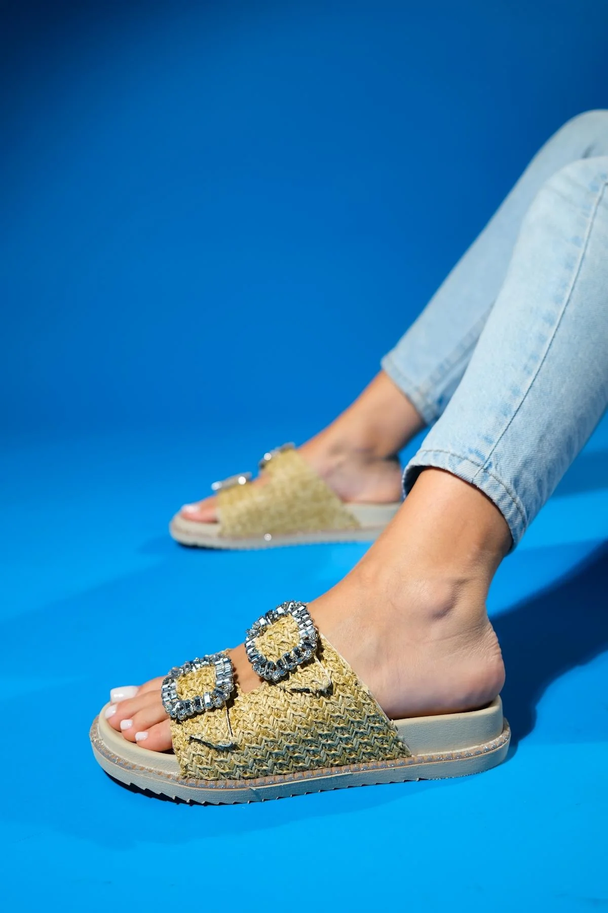 Dungeon - Beige Raffia Double-Band Stone Buckle Slide Sandal (Women) - Image 2