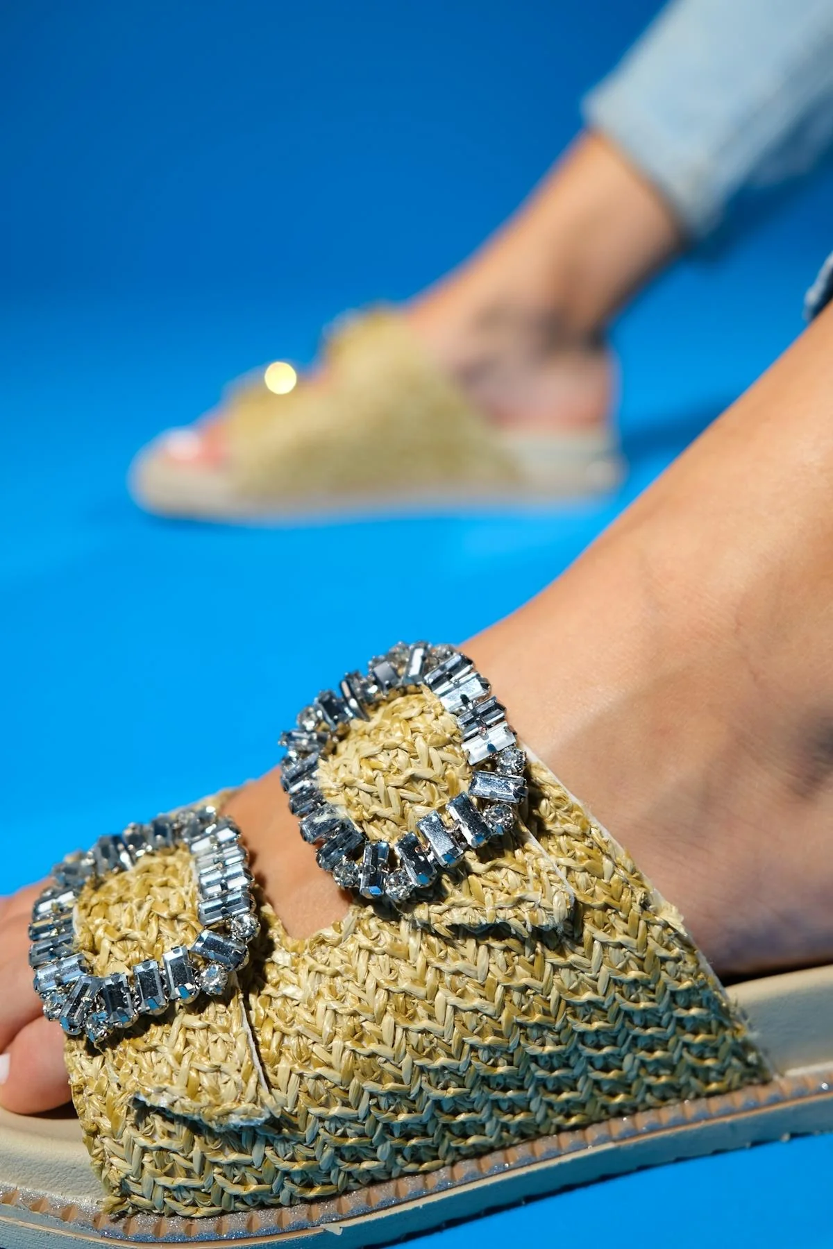 Dungeon - Beige Raffia Double-Band Stone Buckle Slide Sandal (Women) - Image 3
