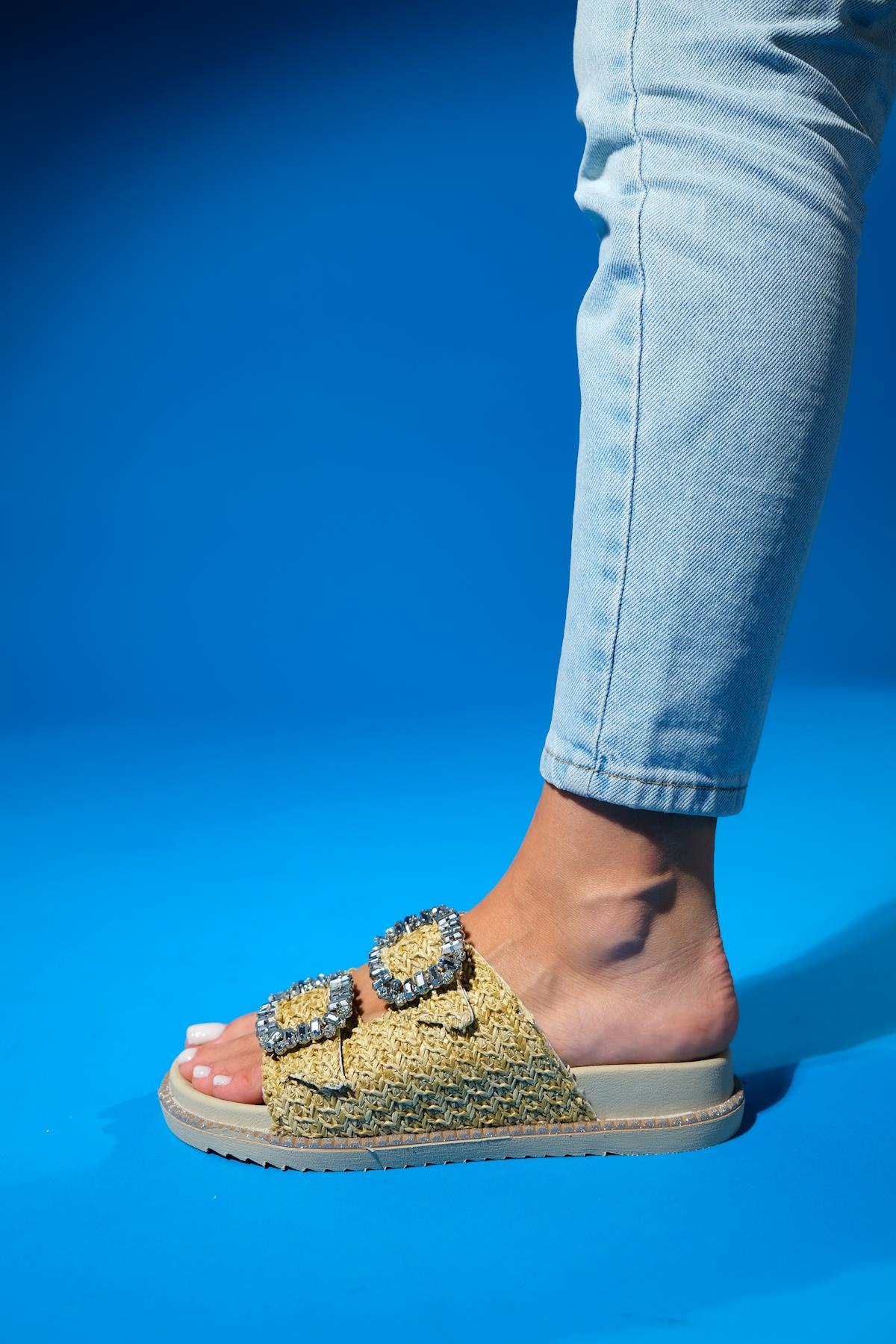 Dungeon - Beige Raffia Double-Band Stone Buckle Slide Sandal (Women) - Image 4