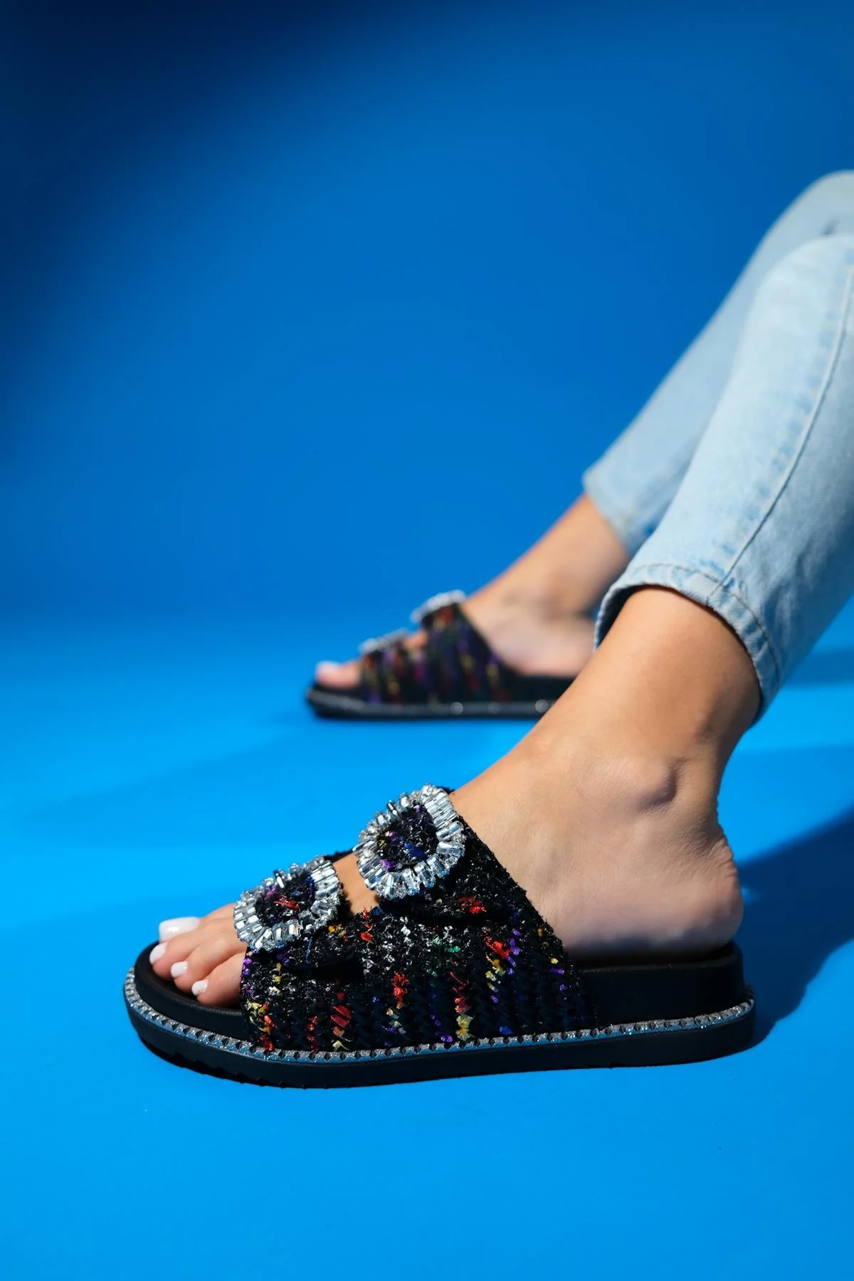 Dungeon - Black Tweed Double-Band Stone Buckle Slide (Women) - Image 2