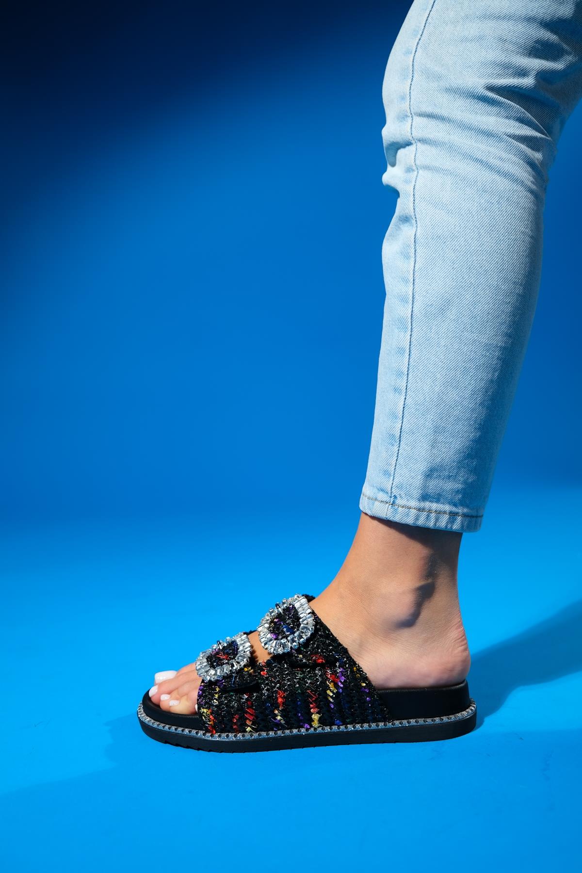 Dungeon - Black Tweed Double-Band Stone Buckle Slide (Women) - Image 3