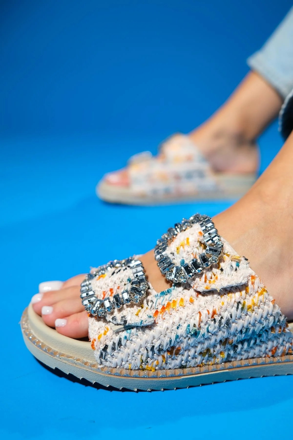 Dungeon - Off-White Tweed Double-Band Stone Buckle Slide Sandal (Women) - Image 3