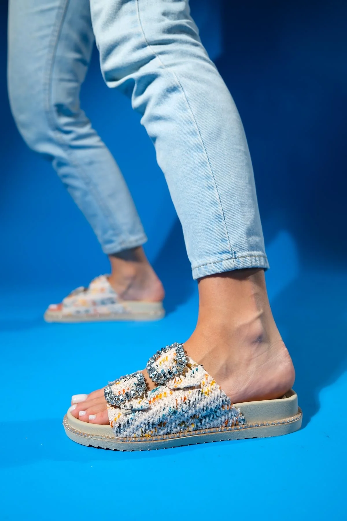 Dungeon - Off-White Tweed Double-Band Stone Buckle Slide Sandal (Women) - Image 5