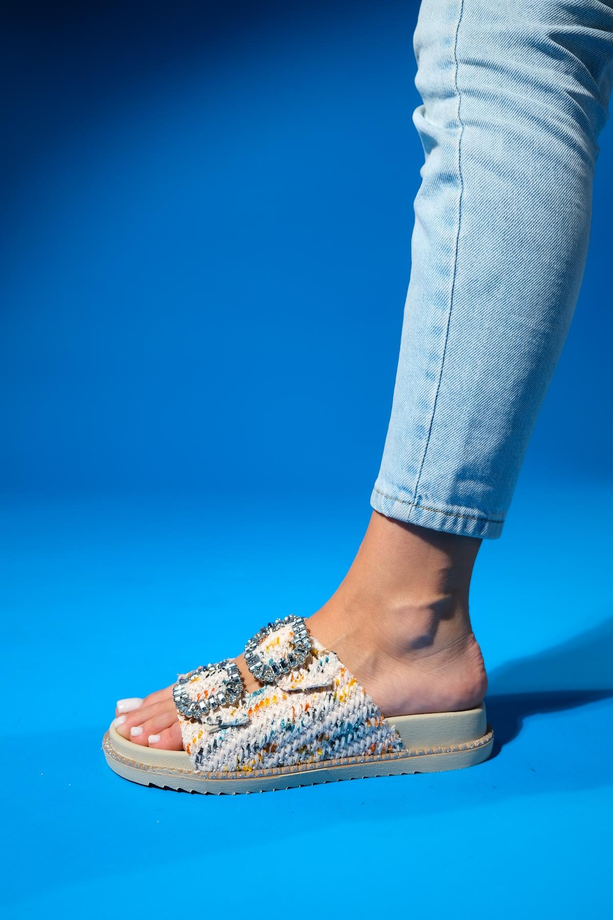 Dungeon - Off-White Tweed Double-Band Stone Buckle Slide Sandal (Women) - Image 6