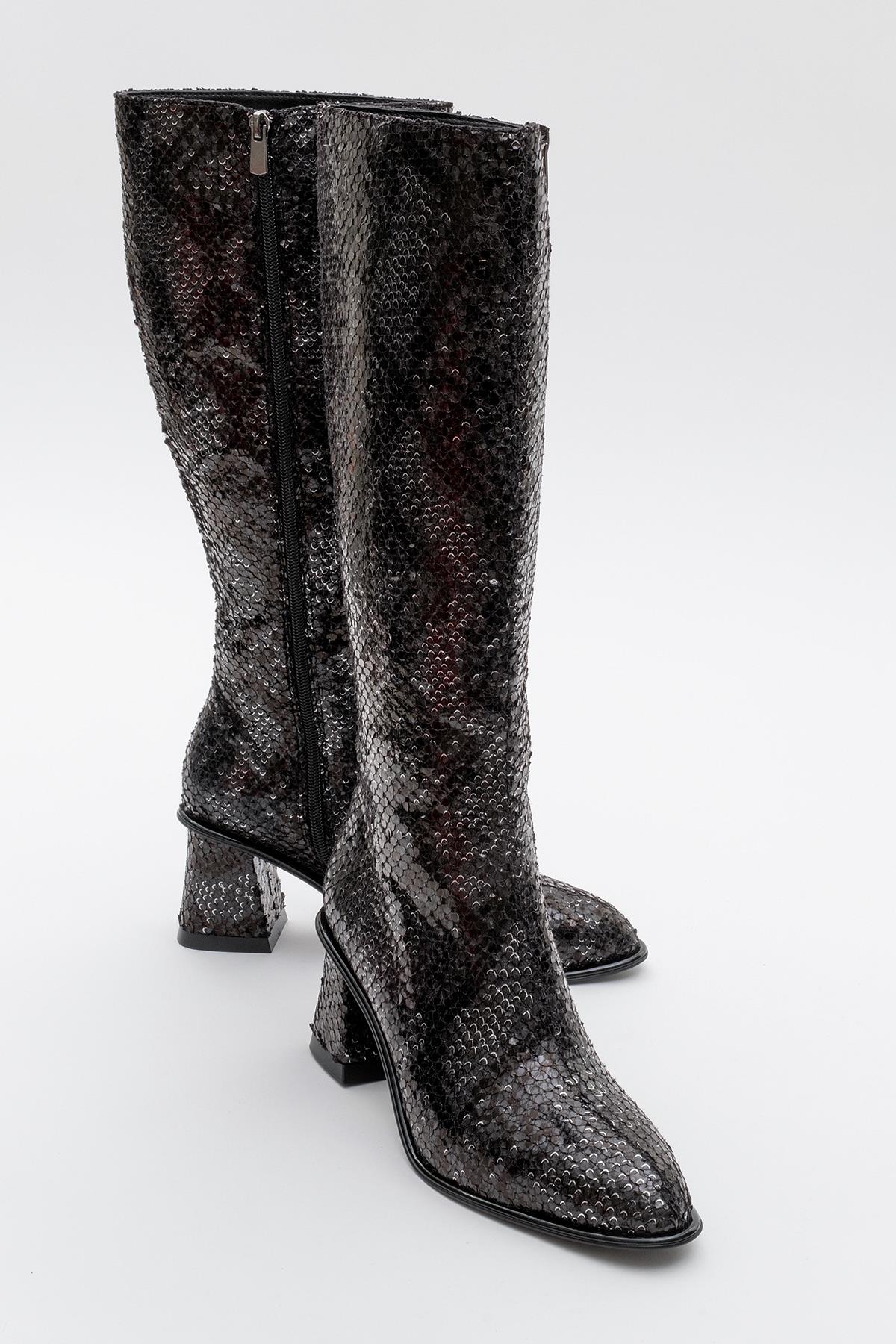 Elly Black Pattern Block Heel Boot (Women)