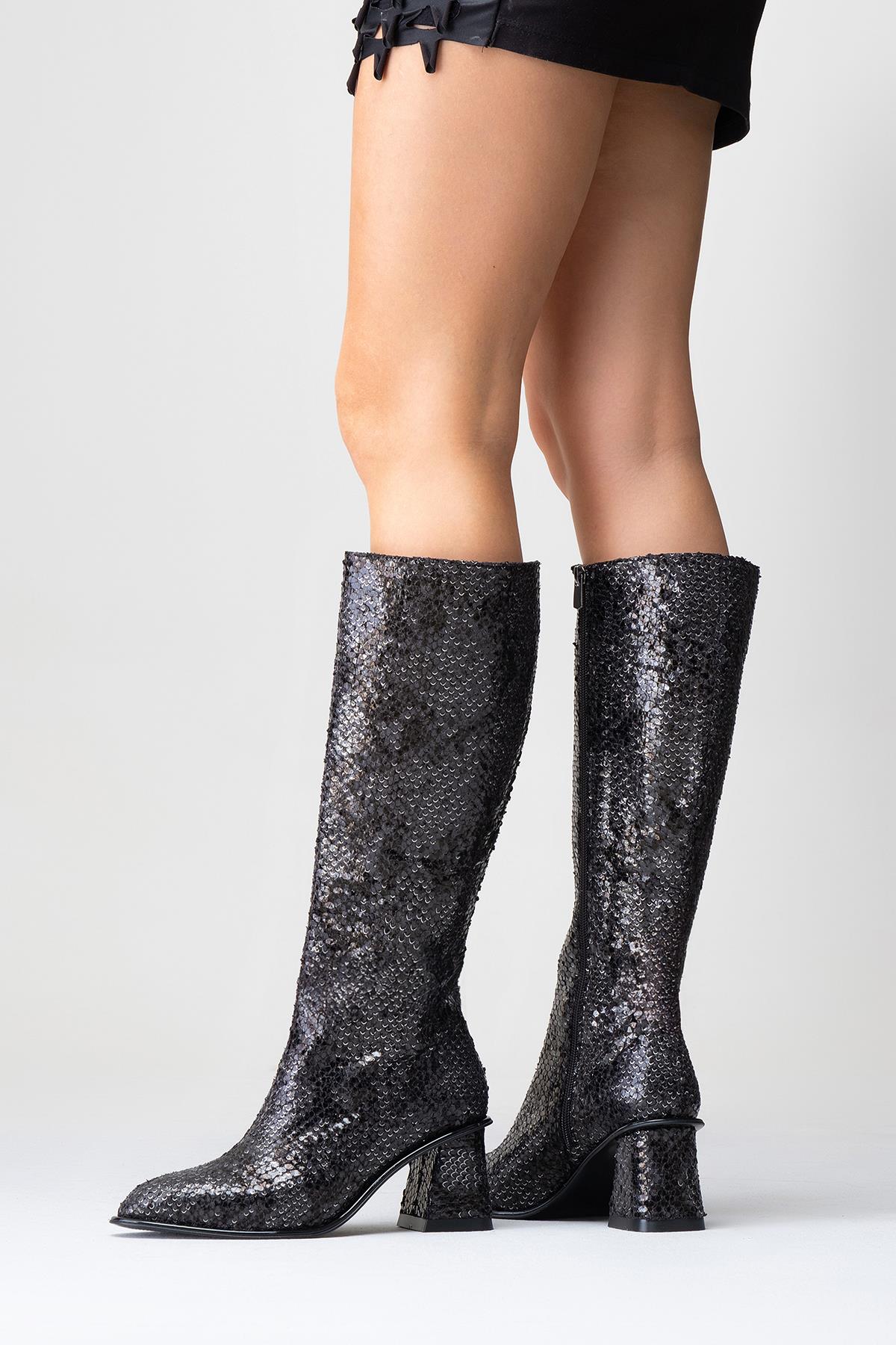 Elly Black Pattern Block Heel Boot (Women) - Image 6