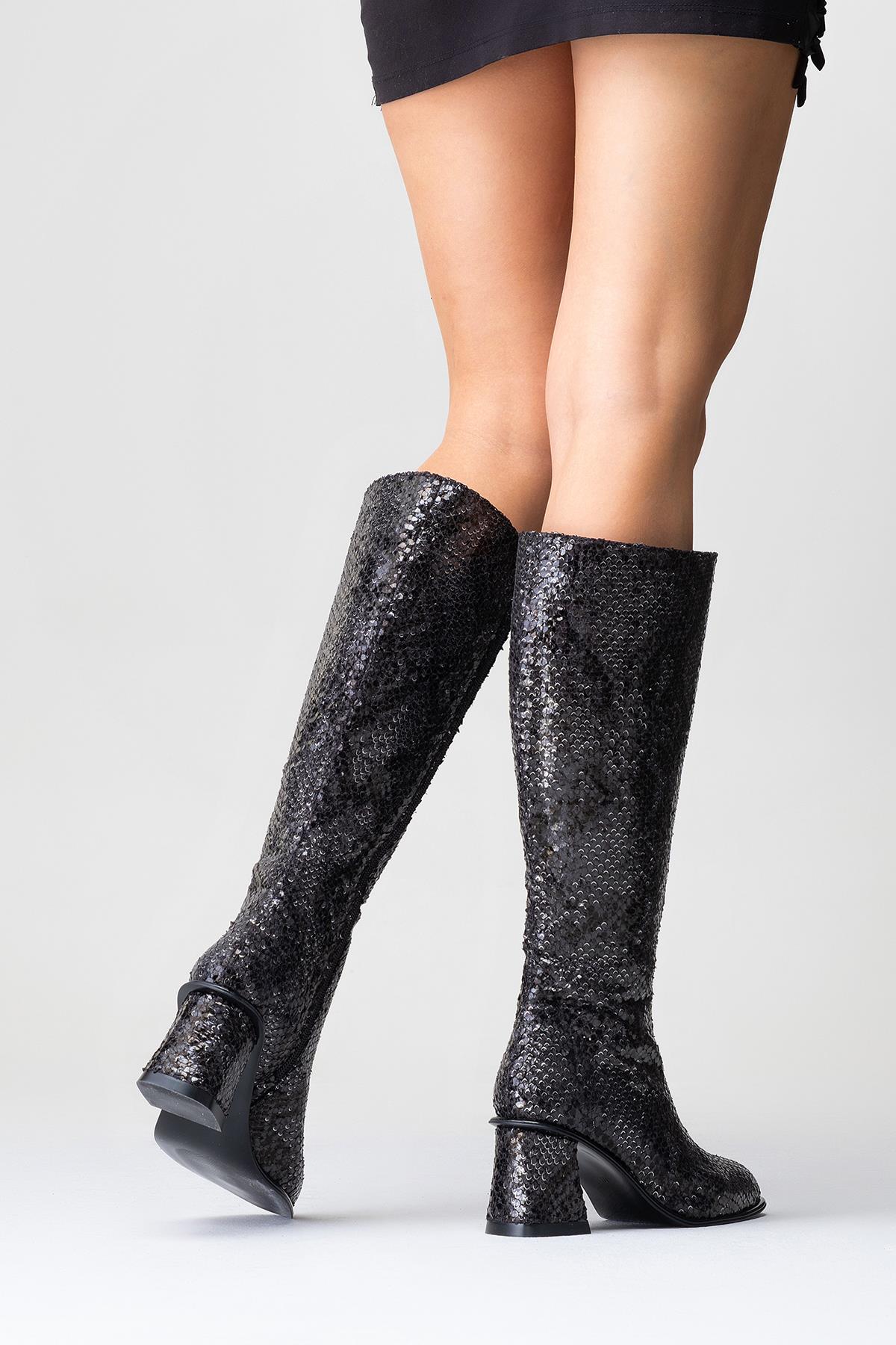 Elly Black Pattern Block Heel Boot (Women) - Image 7