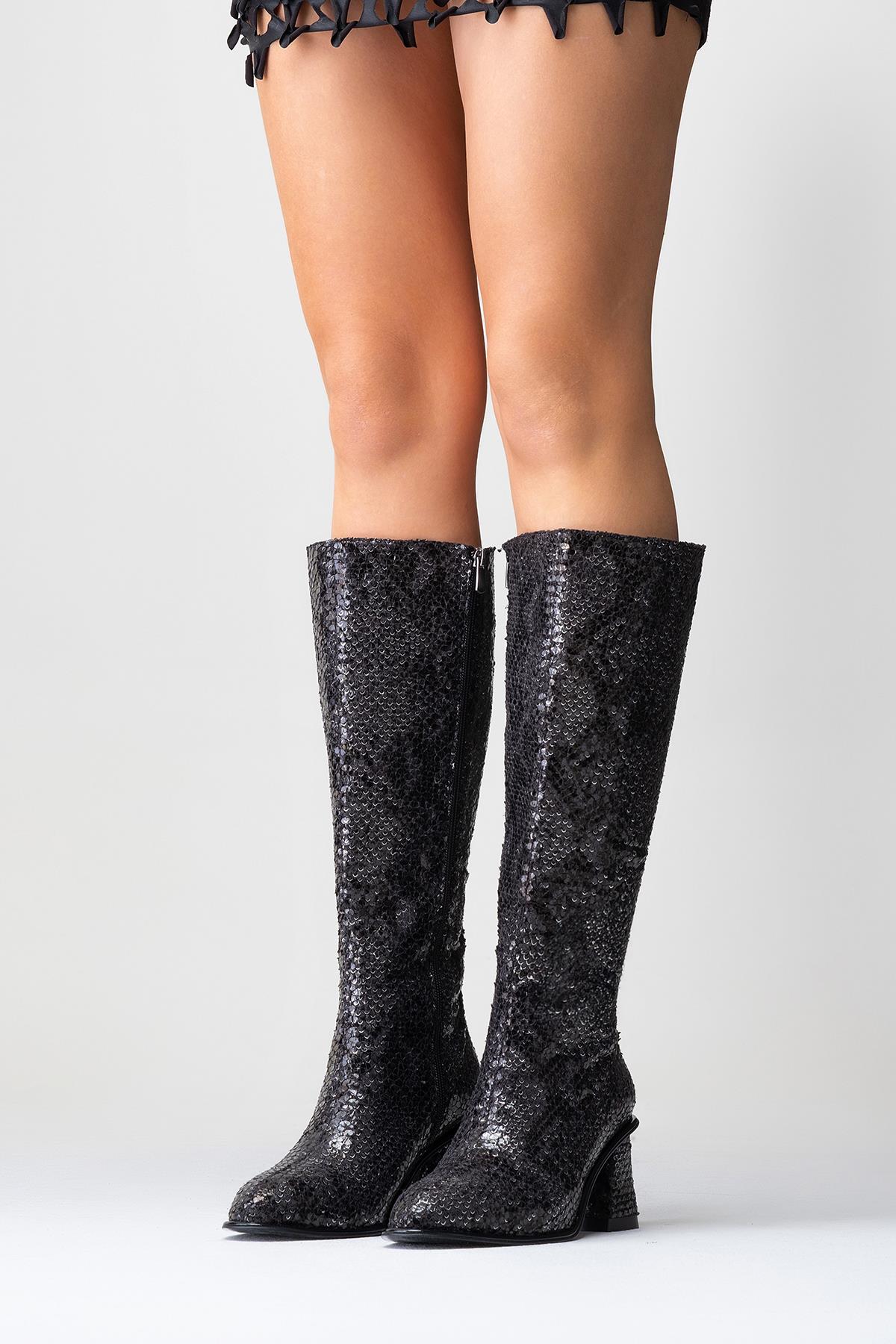 Elly Black Pattern Block Heel Boot (Women) - Image 8