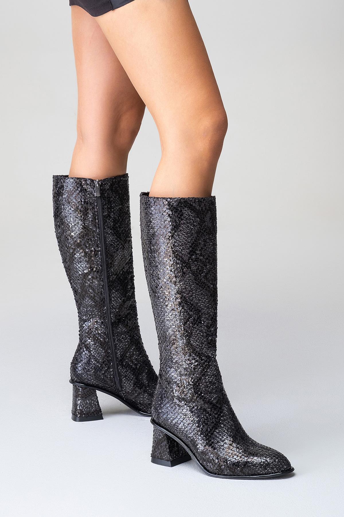 Elly Black Pattern Block Heel Boot (Women) - Image 9