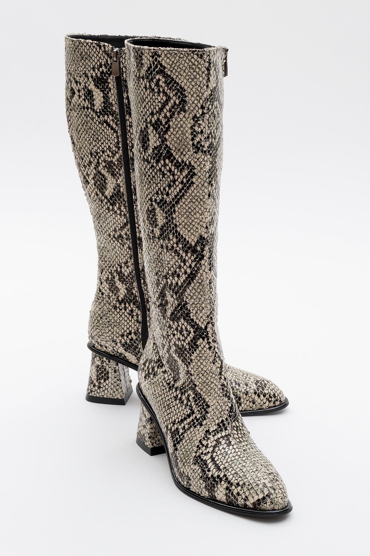 Elly Black White Pattern Block Heel Boot (Women)