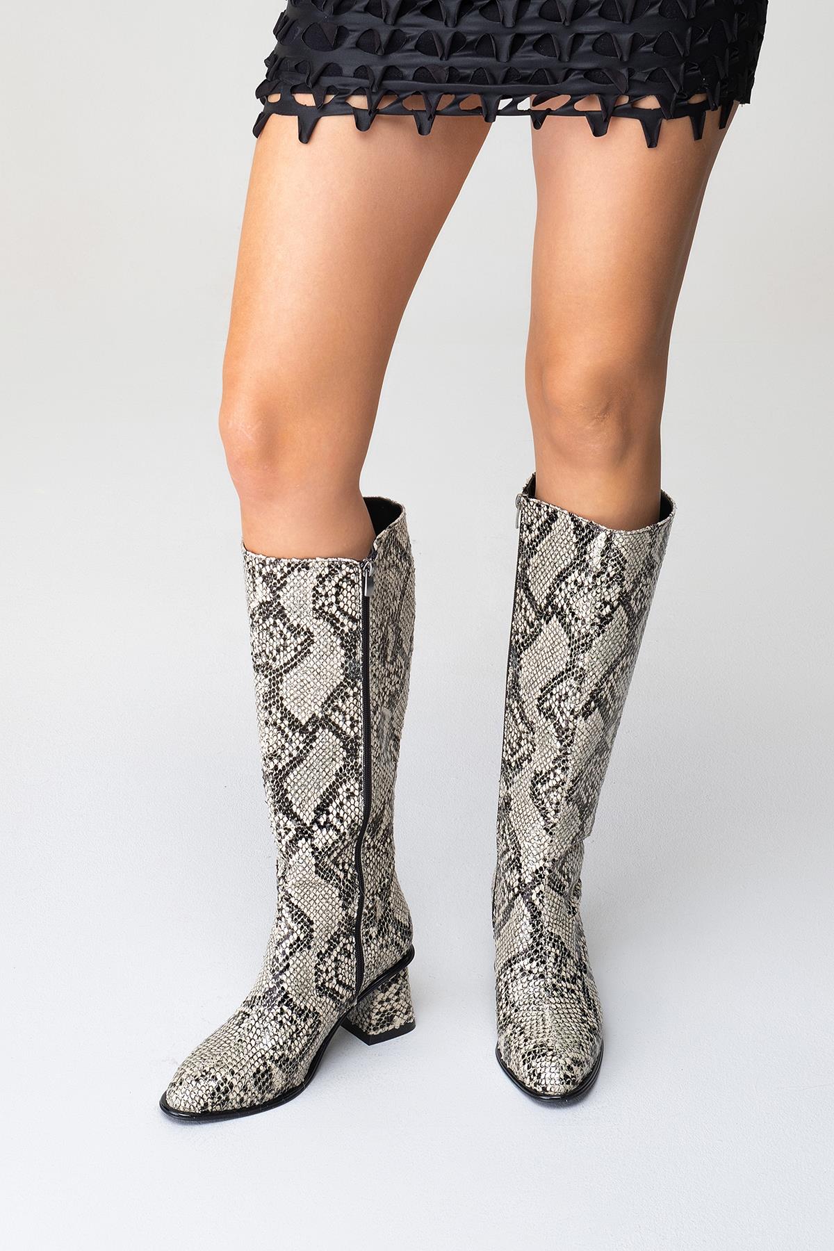 Elly Black White Pattern Block Heel Boot (Women) - Image 10