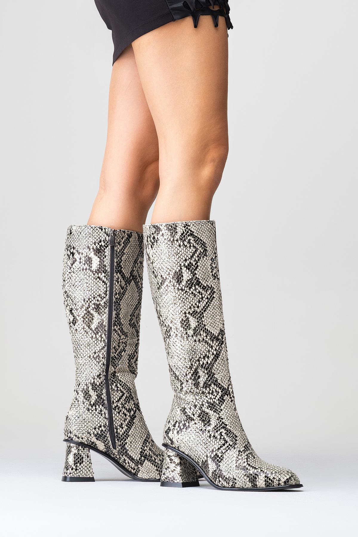 Elly Black White Pattern Block Heel Boot (Women) - Image 6