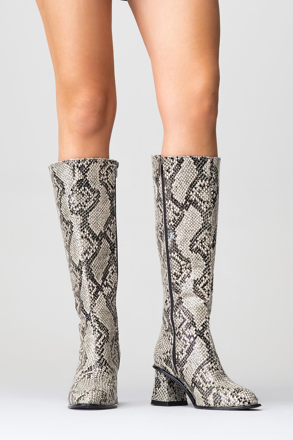 Elly Black White Pattern Block Heel Boot (Women) - Image 8