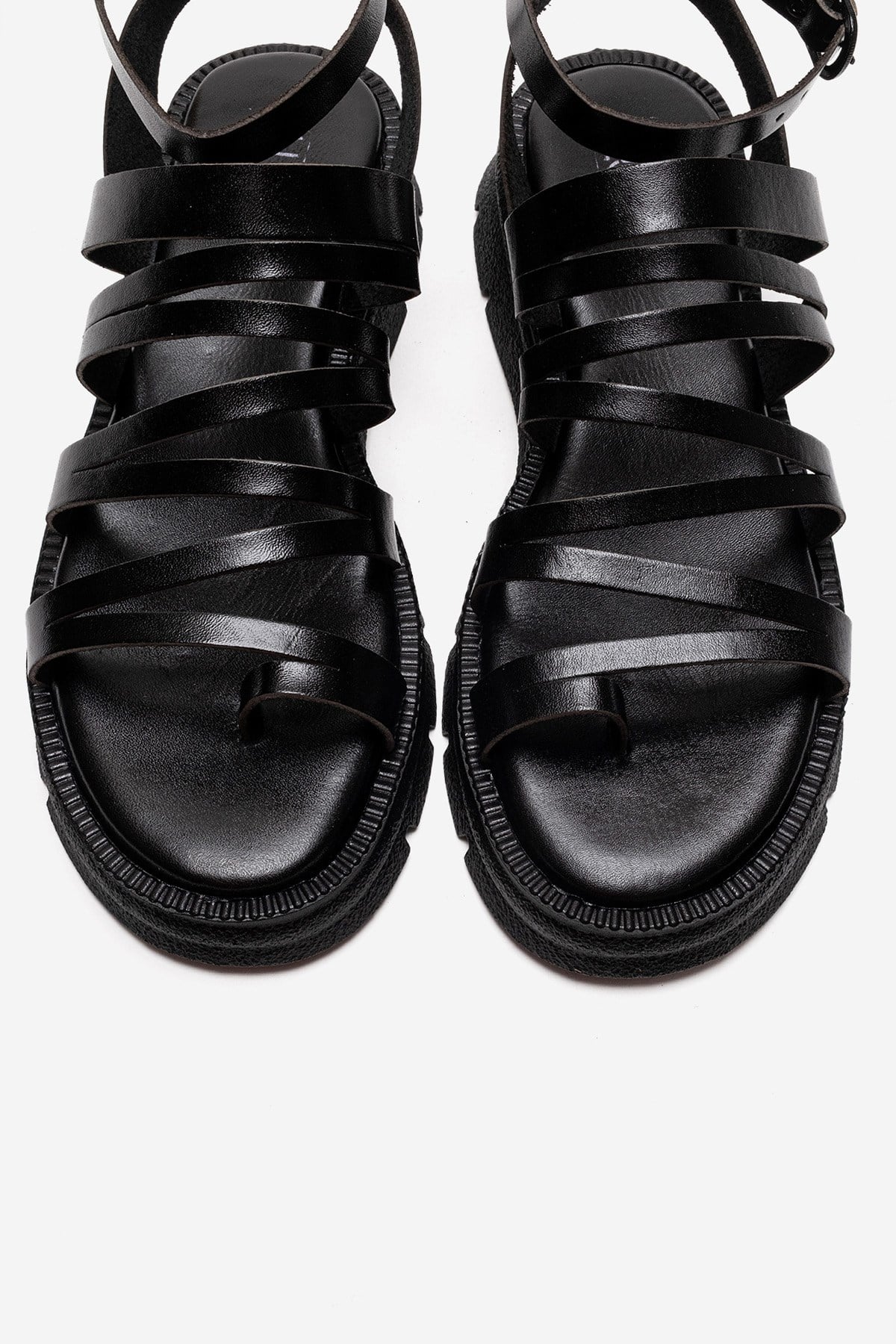 ELSA - Black Genuine Leather Multi-Strap Toe-Post Sandal (Women) - Image 2