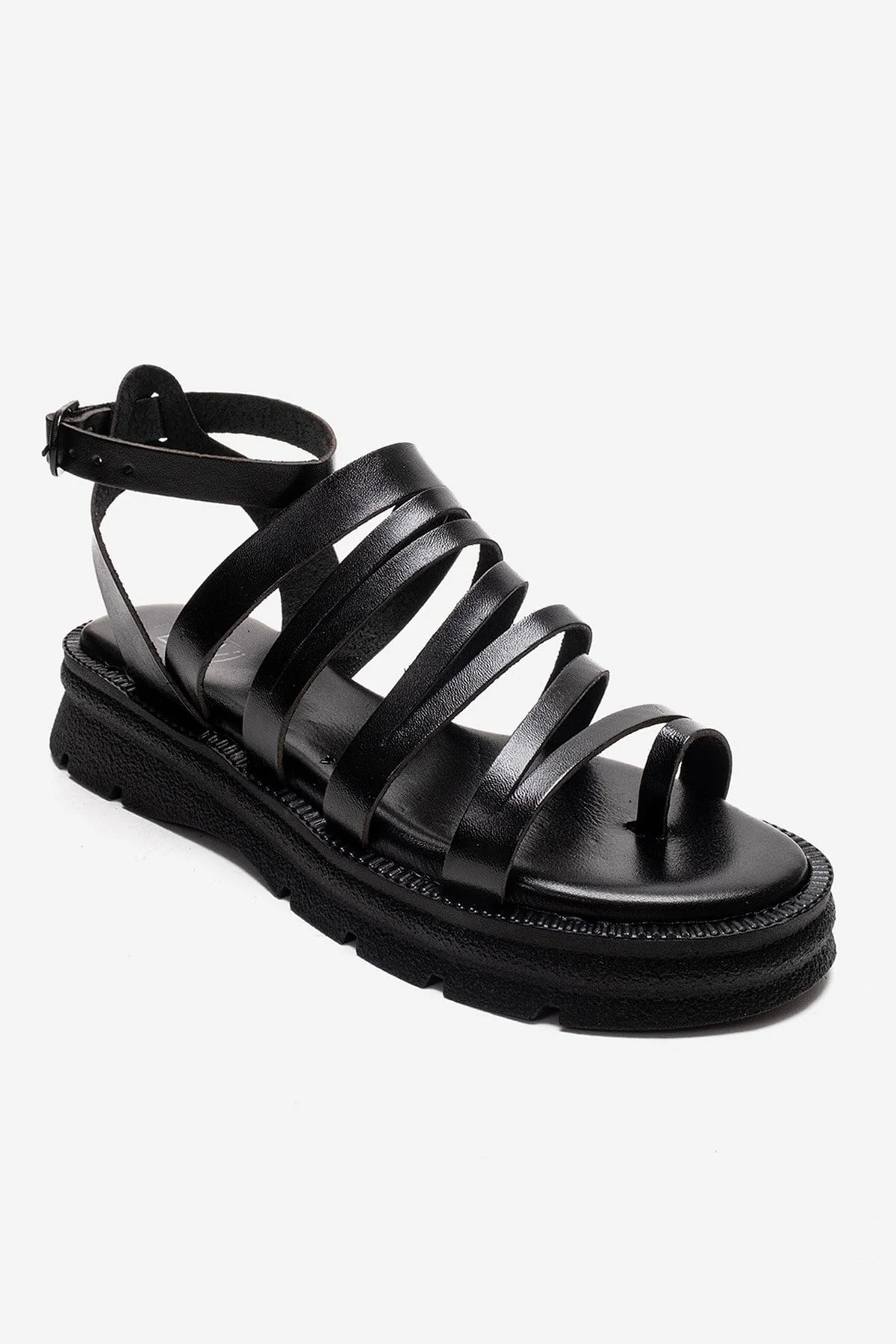 ELSA - Black Genuine Leather Multi-Strap Toe-Post Sandal (Women) - Image 3