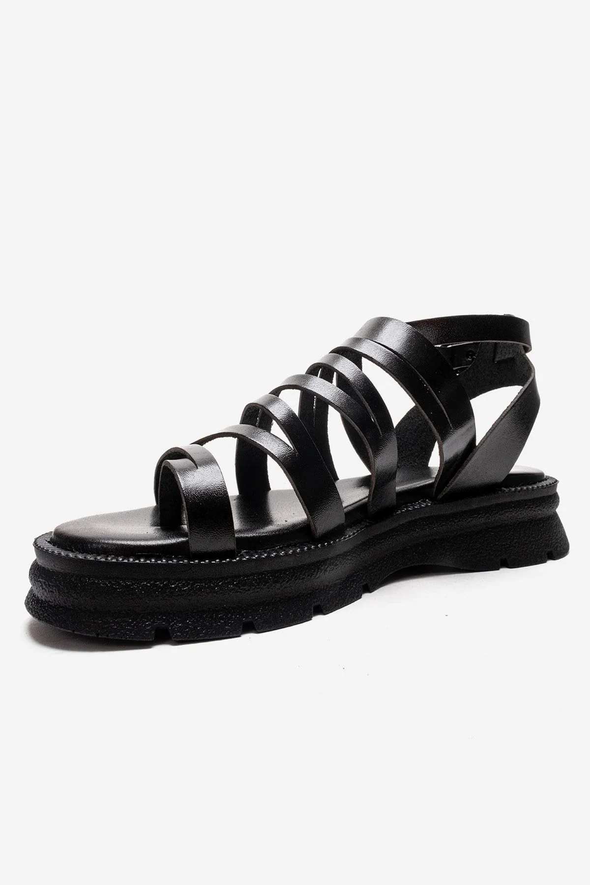 ELSA - Black Genuine Leather Multi-Strap Toe-Post Sandal (Women) - Image 6
