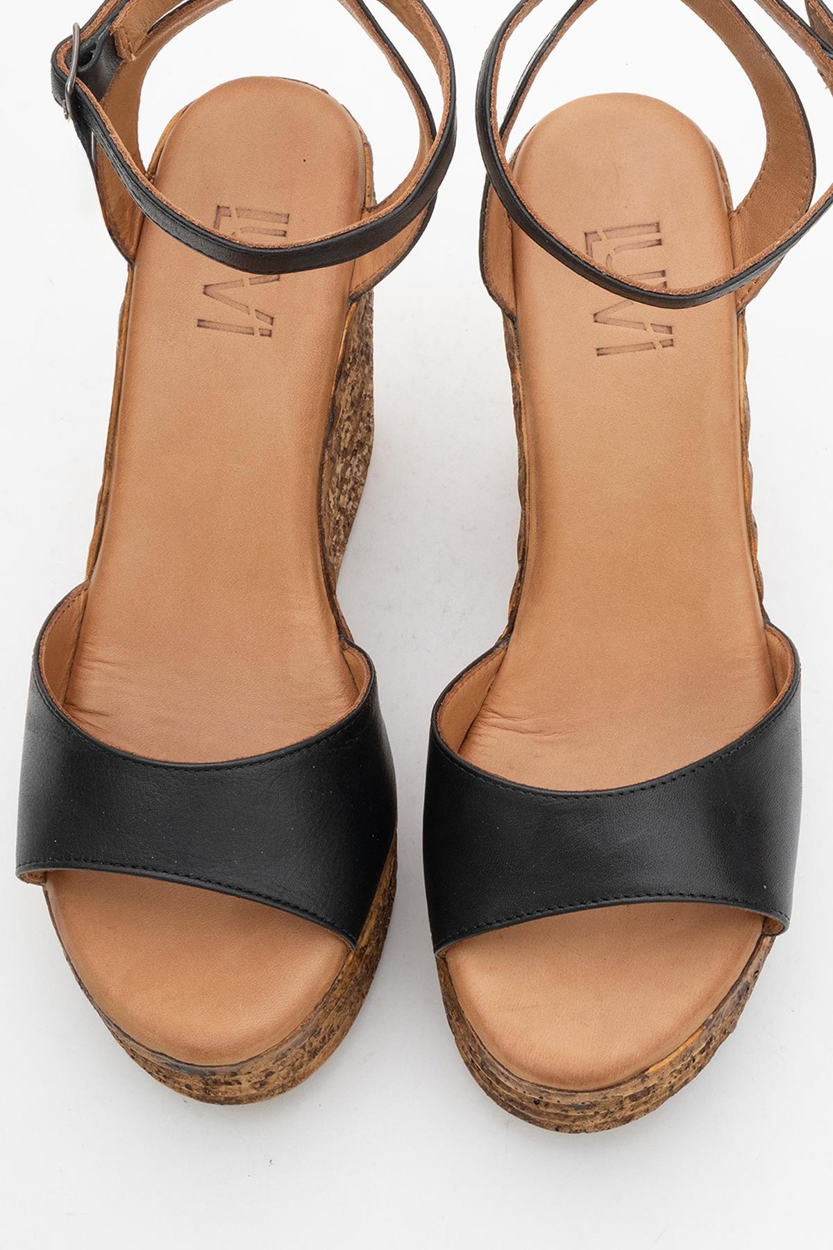 Elsie - Black Wedge Leather Sandal (Women) - Image 2