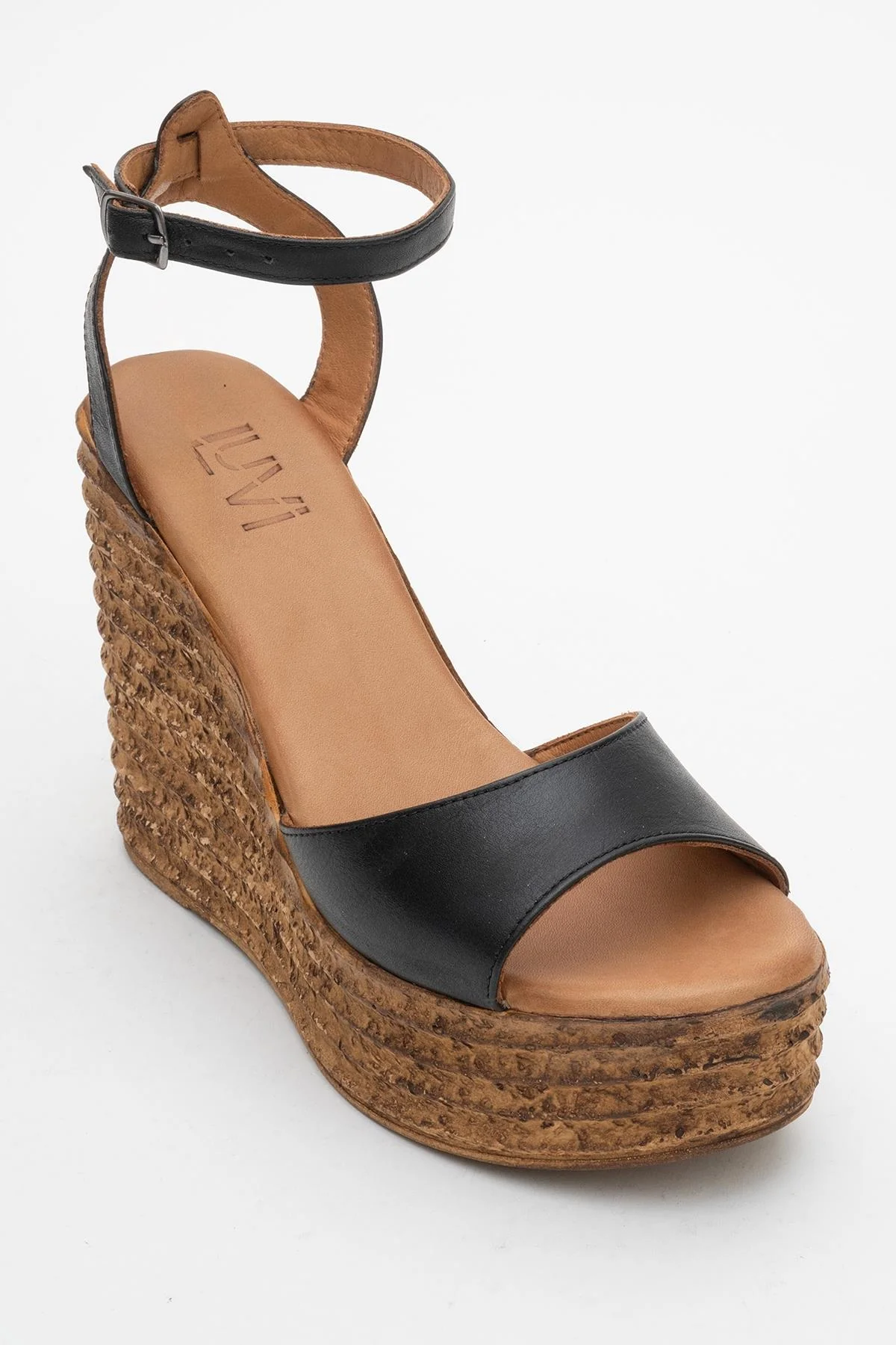 Elsie - Black Wedge Leather Sandal (Women) - Image 3