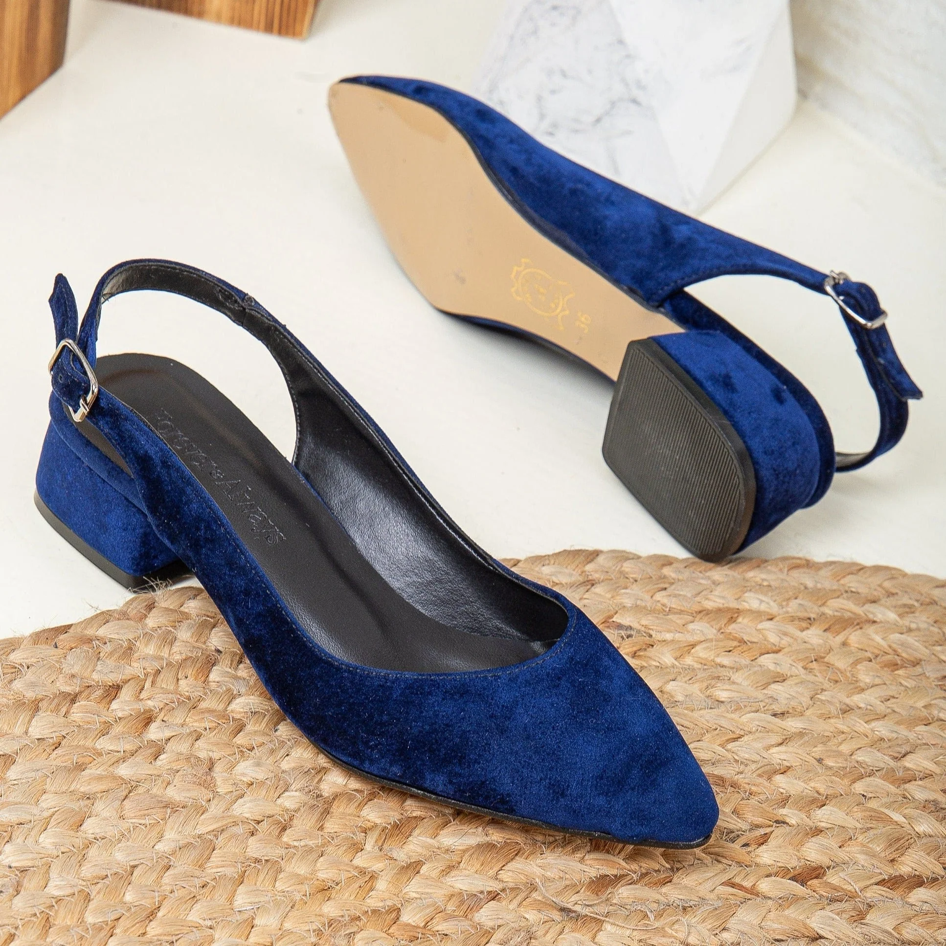 Emma - Blue Velvet Slingback Shoes - Image 4