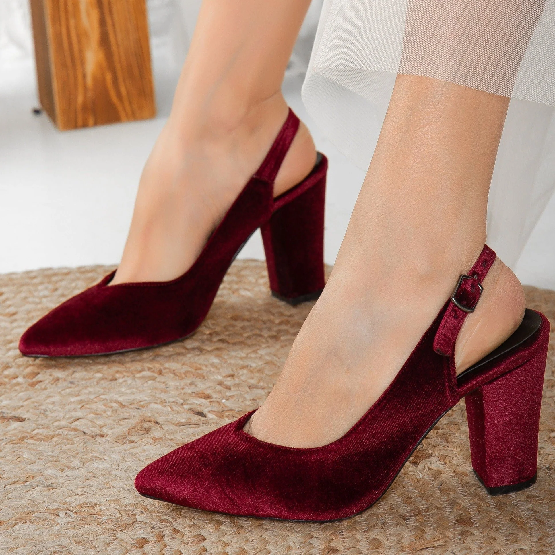 Emma - Burgundy Velvet Slingback Heels - Image 3