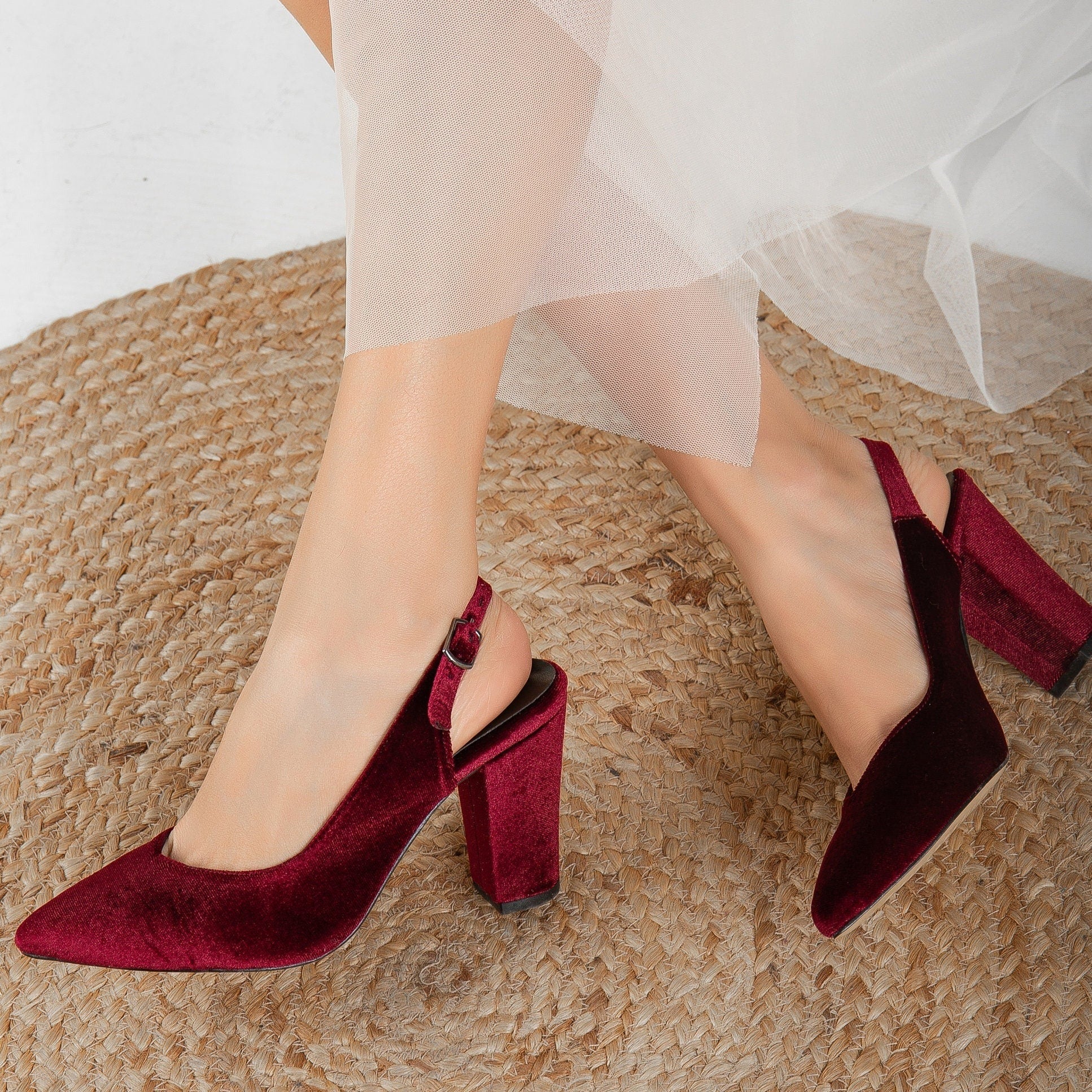 Emma - Burgundy Velvet Slingback Heels - Image 4