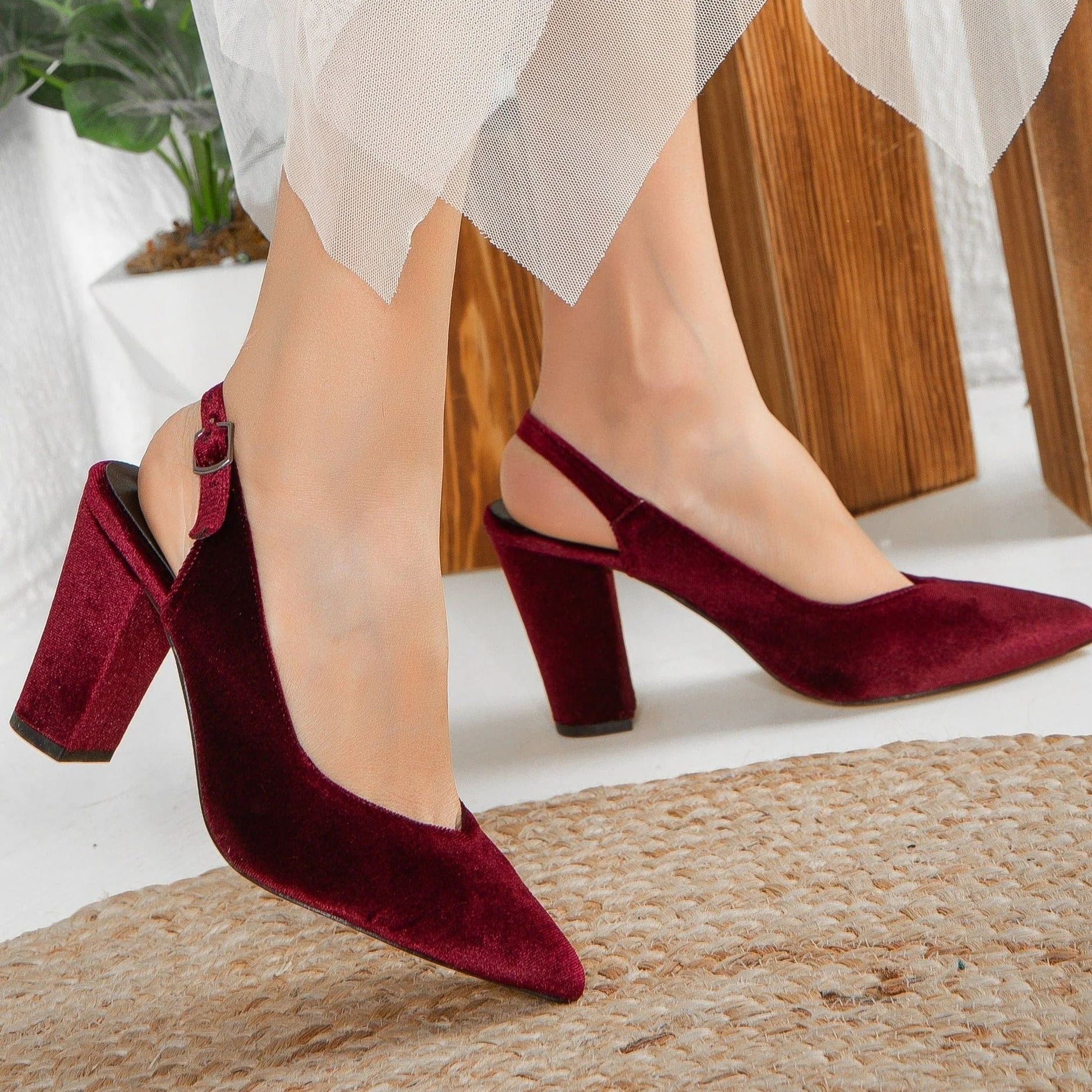Emma - Burgundy Velvet Slingback Heels - Image 5
