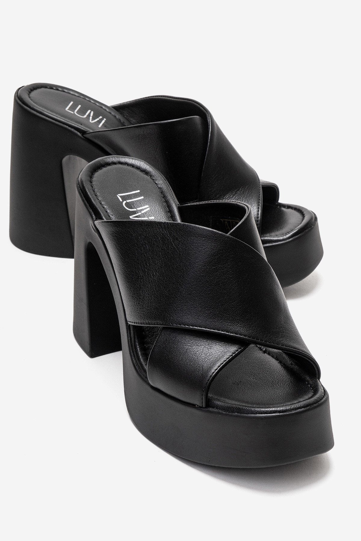 Essenza - Black Genuine Leather Platform Block Heel Mule (Women)