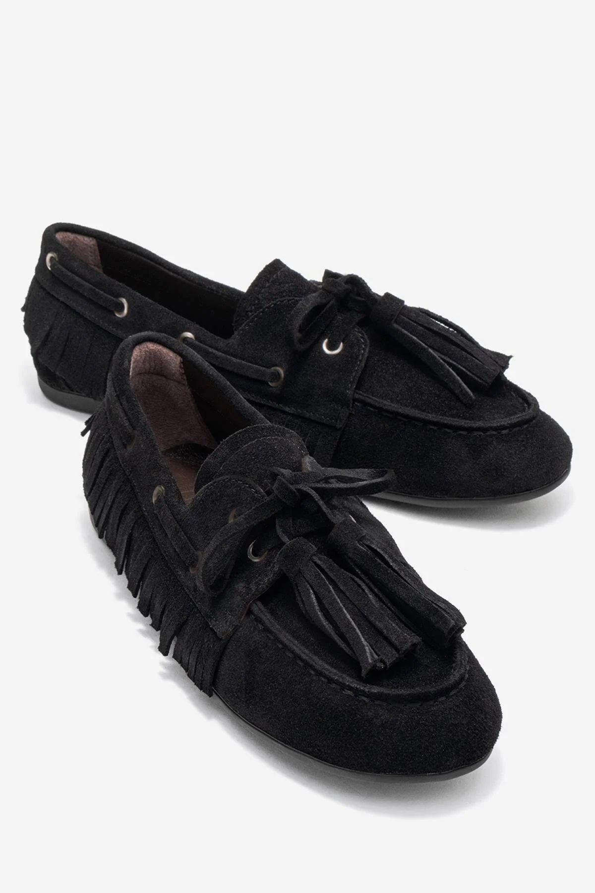 Fenora - Black Genuine Leather Fringed Tassel Loafer (Women)