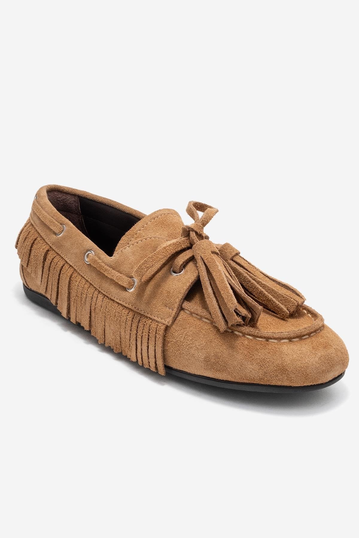 Fenora - Taupe Suede Genuine Leather Fringe Tassel Loafer (Women) - Image 3