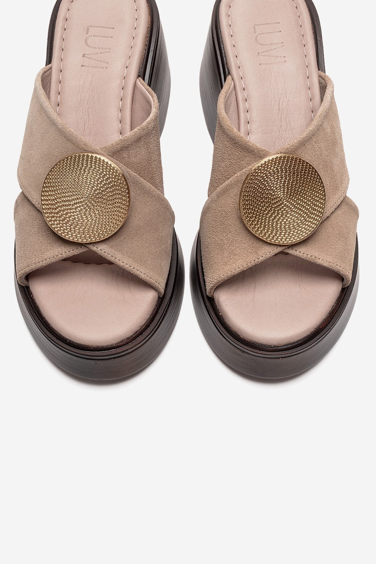 FIANNA - Beige Genuine Leather Buckled Cross-Strap Wedge Heel Slide (Women) - Image 2