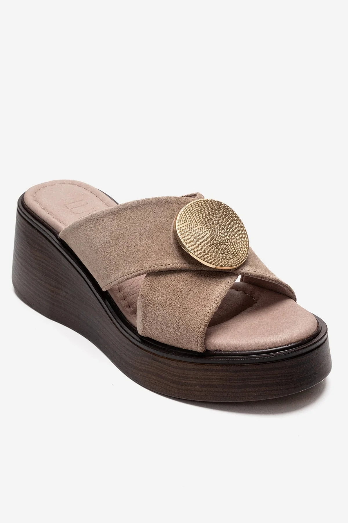 FIANNA - Beige Genuine Leather Buckled Cross-Strap Wedge Heel Slide (Women) - Image 3