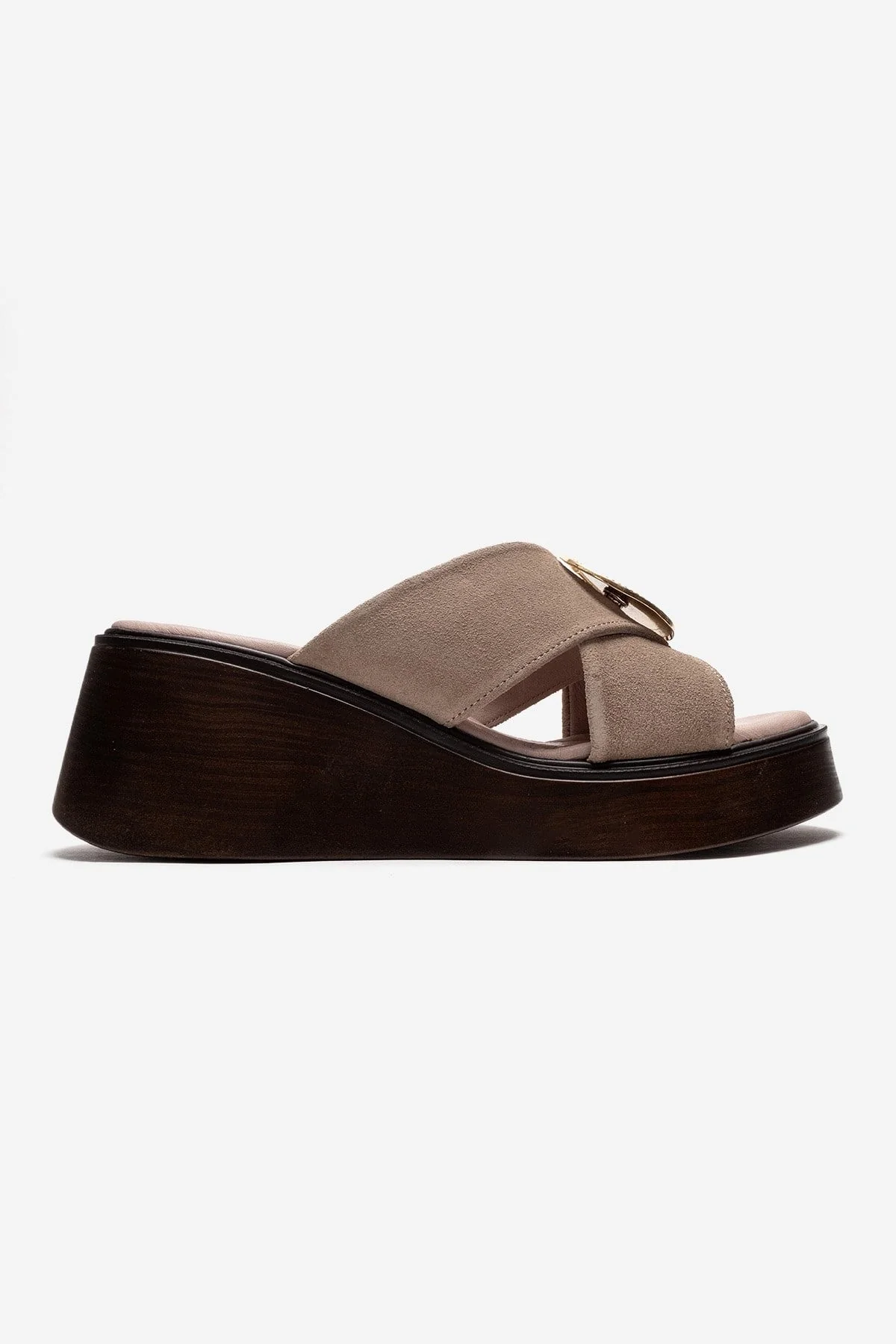 FIANNA - Beige Genuine Leather Buckled Cross-Strap Wedge Heel Slide (Women) - Image 4