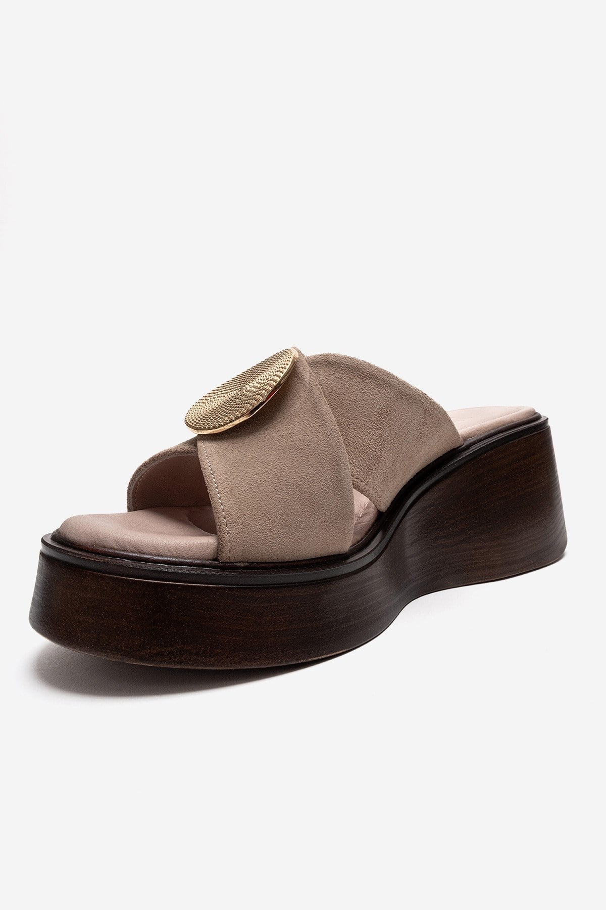 FIANNA - Beige Genuine Leather Buckled Cross-Strap Wedge Heel Slide (Women) - Image 6