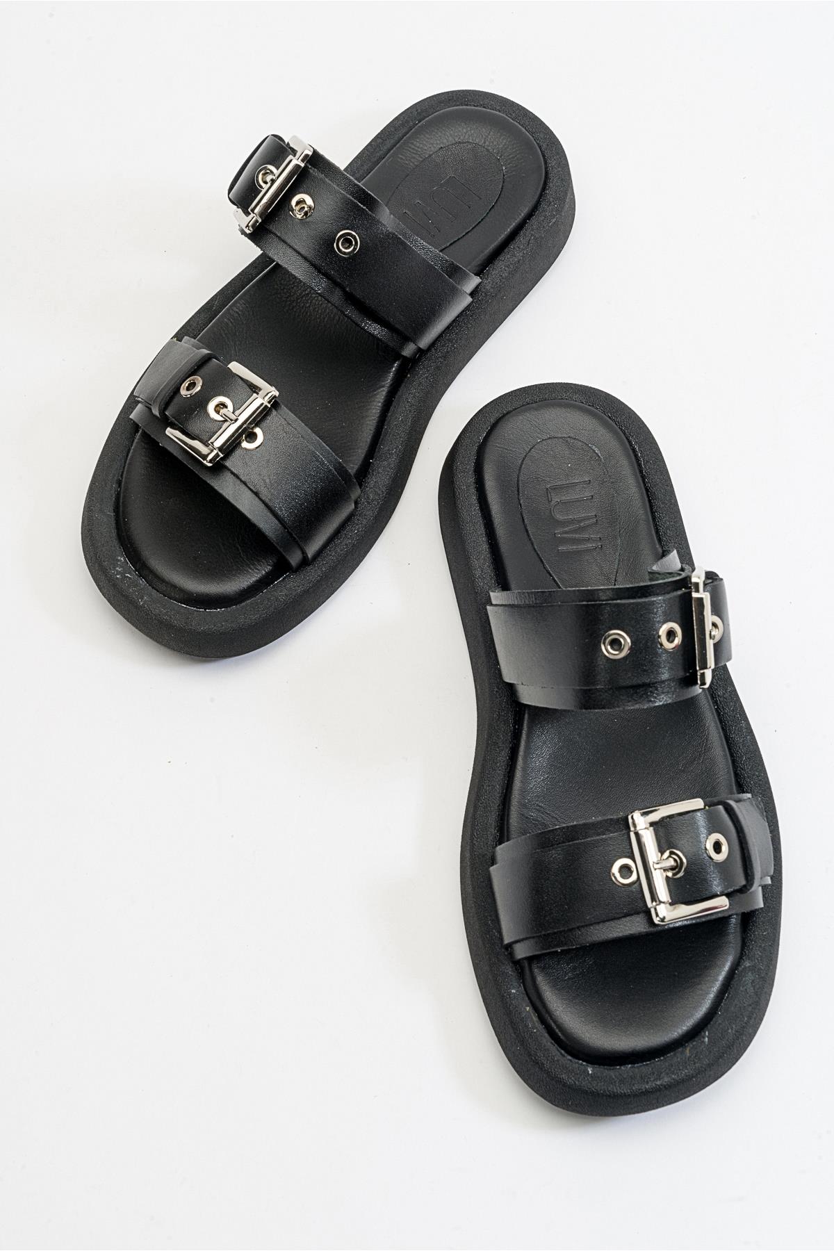 Finezza - Black Leather Two-Strap Sandal (Women) - Image 3
