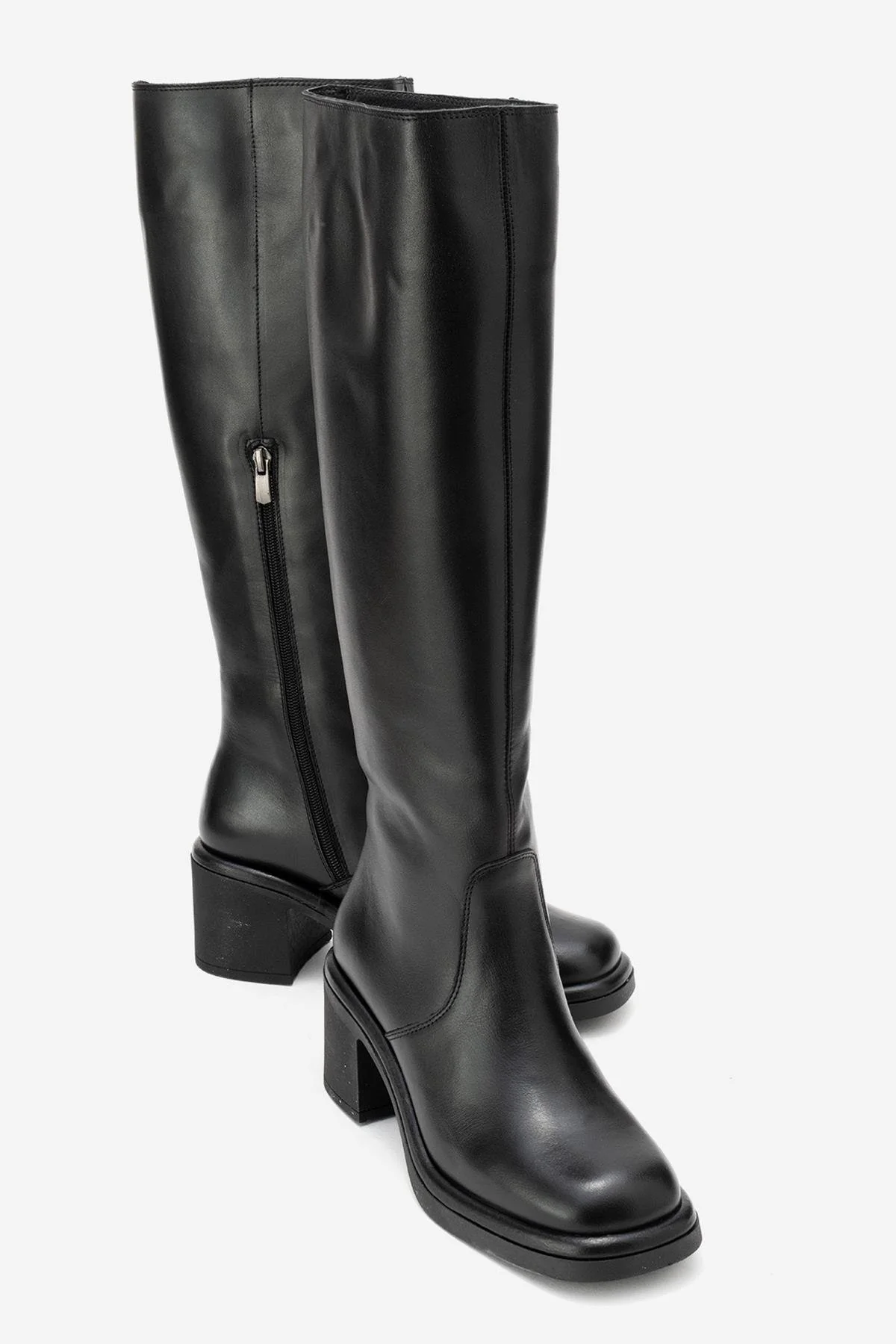 Fros - Black Genuine Leather Block Heel Knee-High Boot (Women)