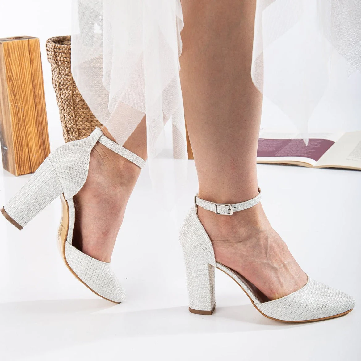 Gisele - White Glitter Wedding Heels - Image 4