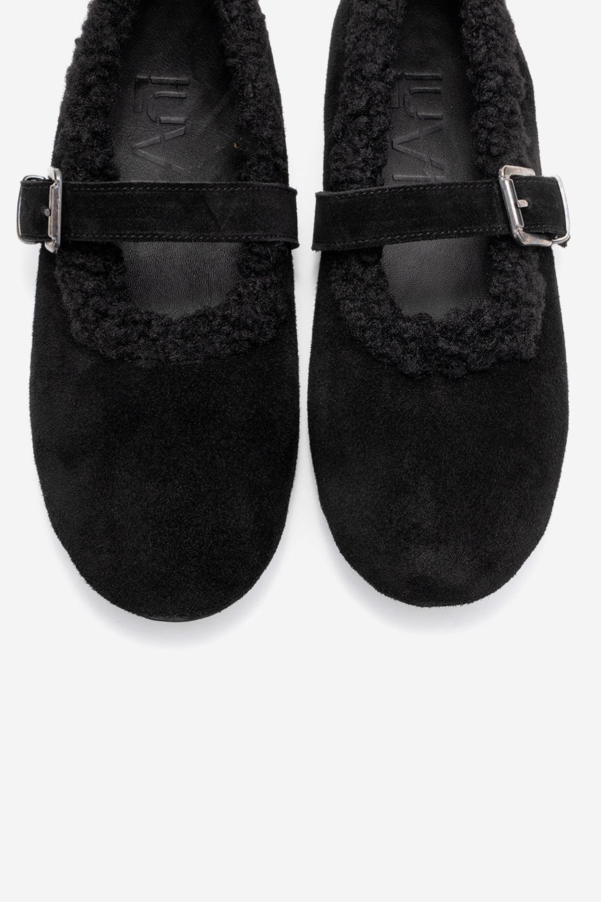 Guin - Black Suede Genuine Leather Plush-Trim Strap Ballet Flat (Women) - Image 2