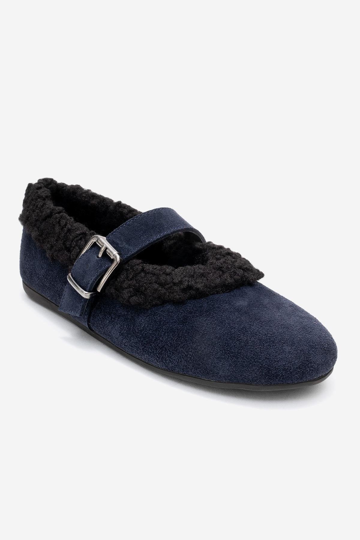 Guin - Navy Suede Genuine Leather Plush-Trim Strap Ballet Flat (Women) - Image 3