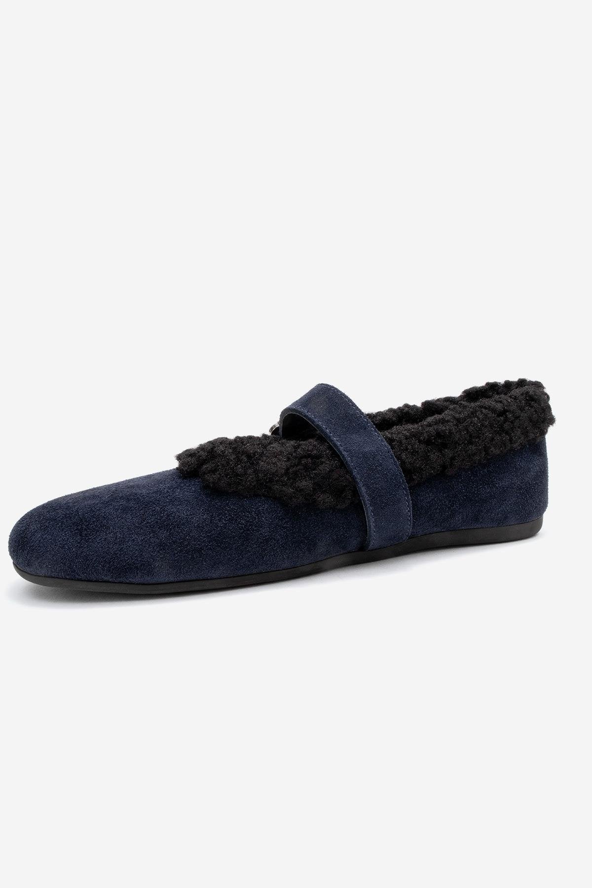 Guin - Navy Suede Genuine Leather Plush-Trim Strap Ballet Flat (Women) - Image 4